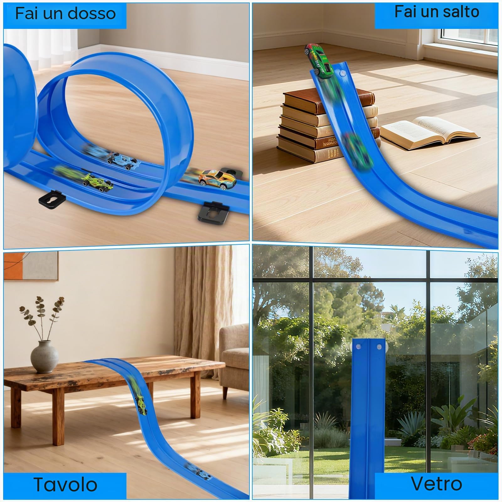 Pista Macchinine (4.5 m), Pista Macchine Flessibile, Piste Macchinine per Bambini 3 4 5 6 7 Anni, Car Track, 4 Auto In Lega Borsa Portaoggetti Regalo per Bambino e Bambine, Blu