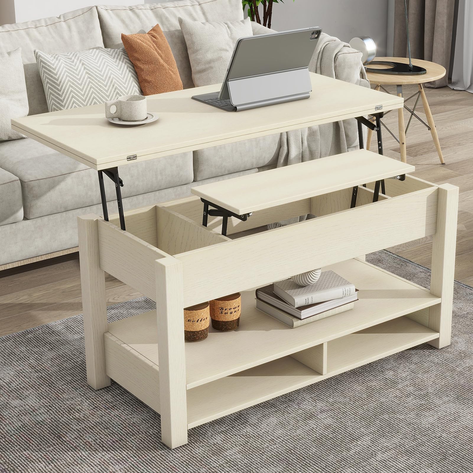 Lift Top Coffee Table with Storage, Multi-Functional Center Table Tea Table with Open Shelves Modern Lift Tabletop Dining Table with Hidden Compartment for Living Room Reception Room, Rustic Ivory