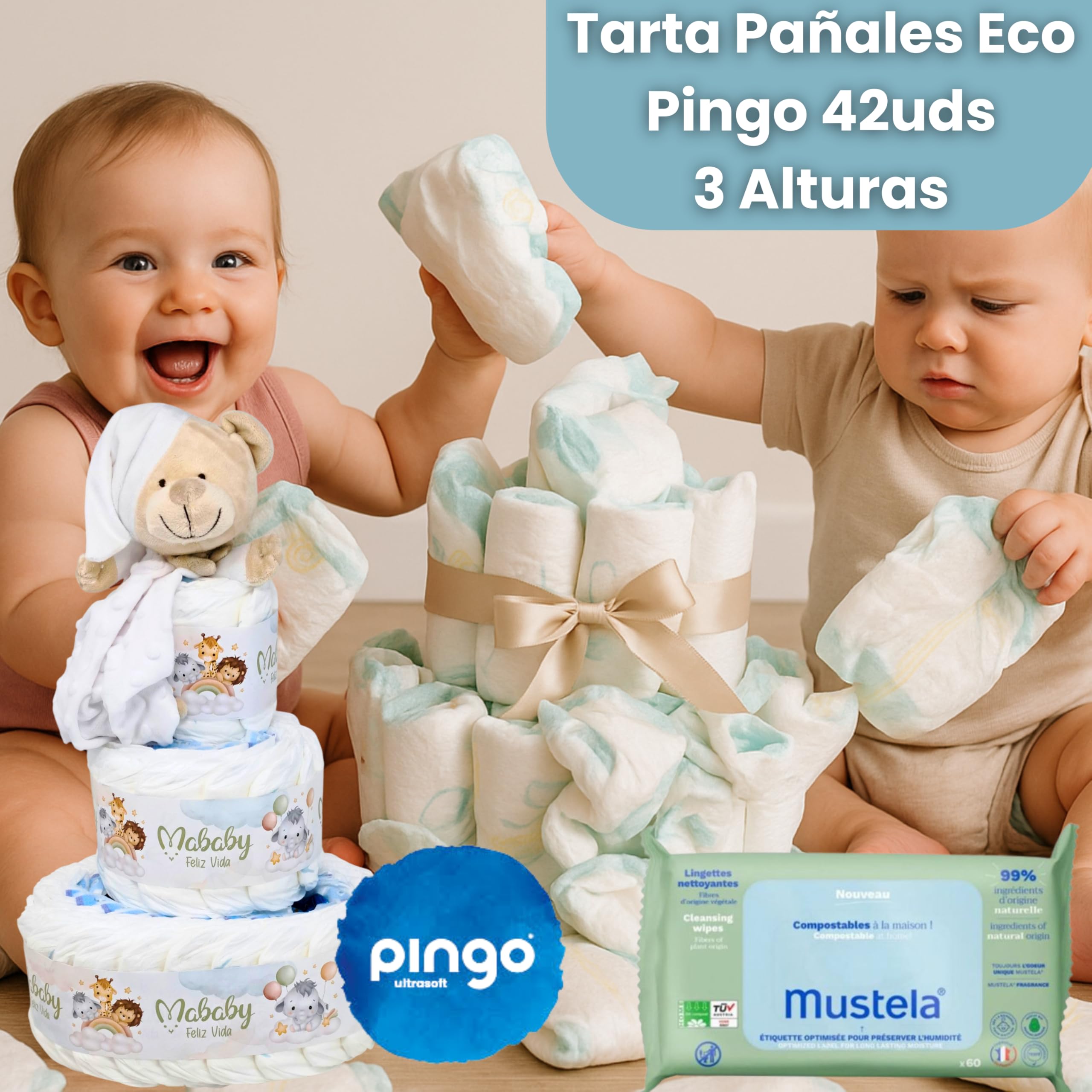 Tarta de Pañales Mis Primeros Cuidados con Doudou Osito Personalizado con Nombre Bordado, 42 Pañales Pingo Talla 2, Set de Aseo Bebé, Regalo Recién Nacido(Verde)