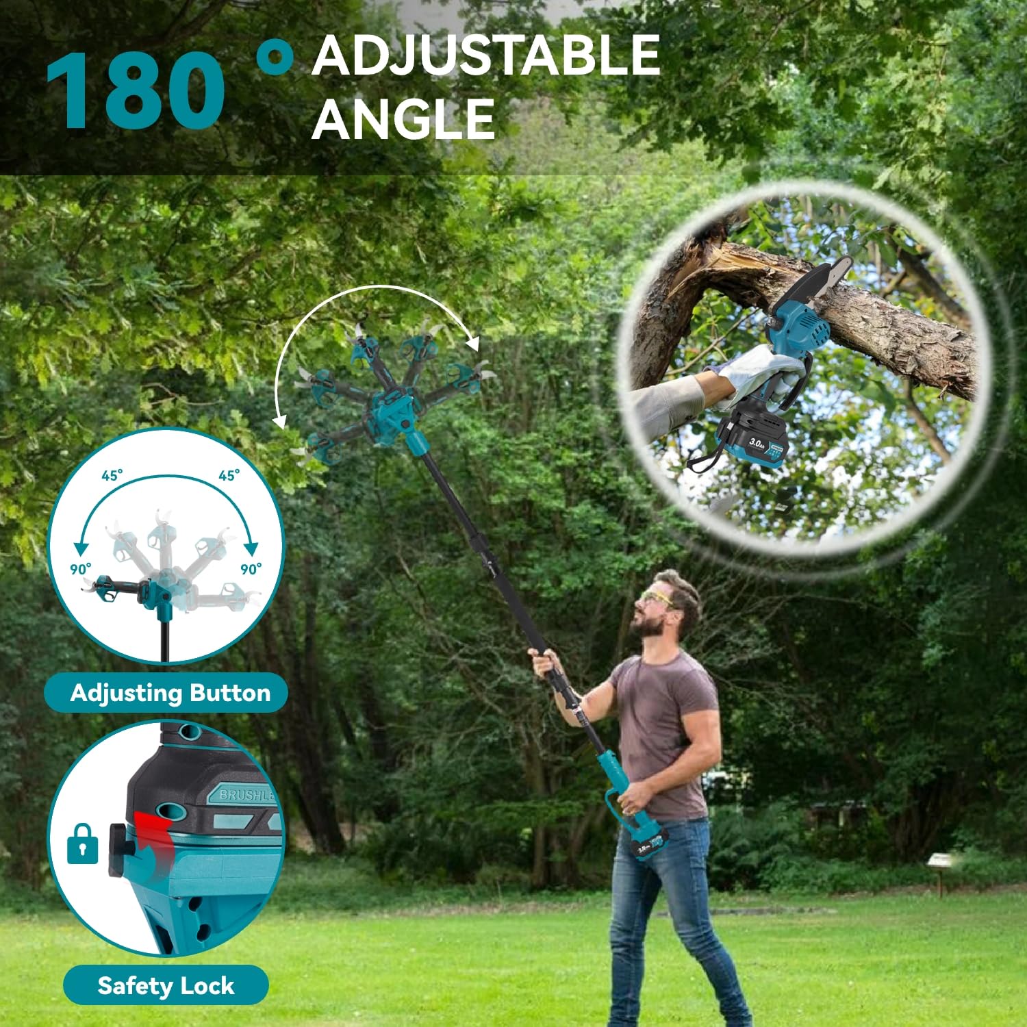 Yofidra 4 en 1 elagueuse batterie & Élagueuse sur perche sans fil - Sécateur sans balais 25 mm, mini-tronçonneuse 6", perche télescopique de 200 cm, angle réglable à 180°, 2 batteries 3,0 Ah