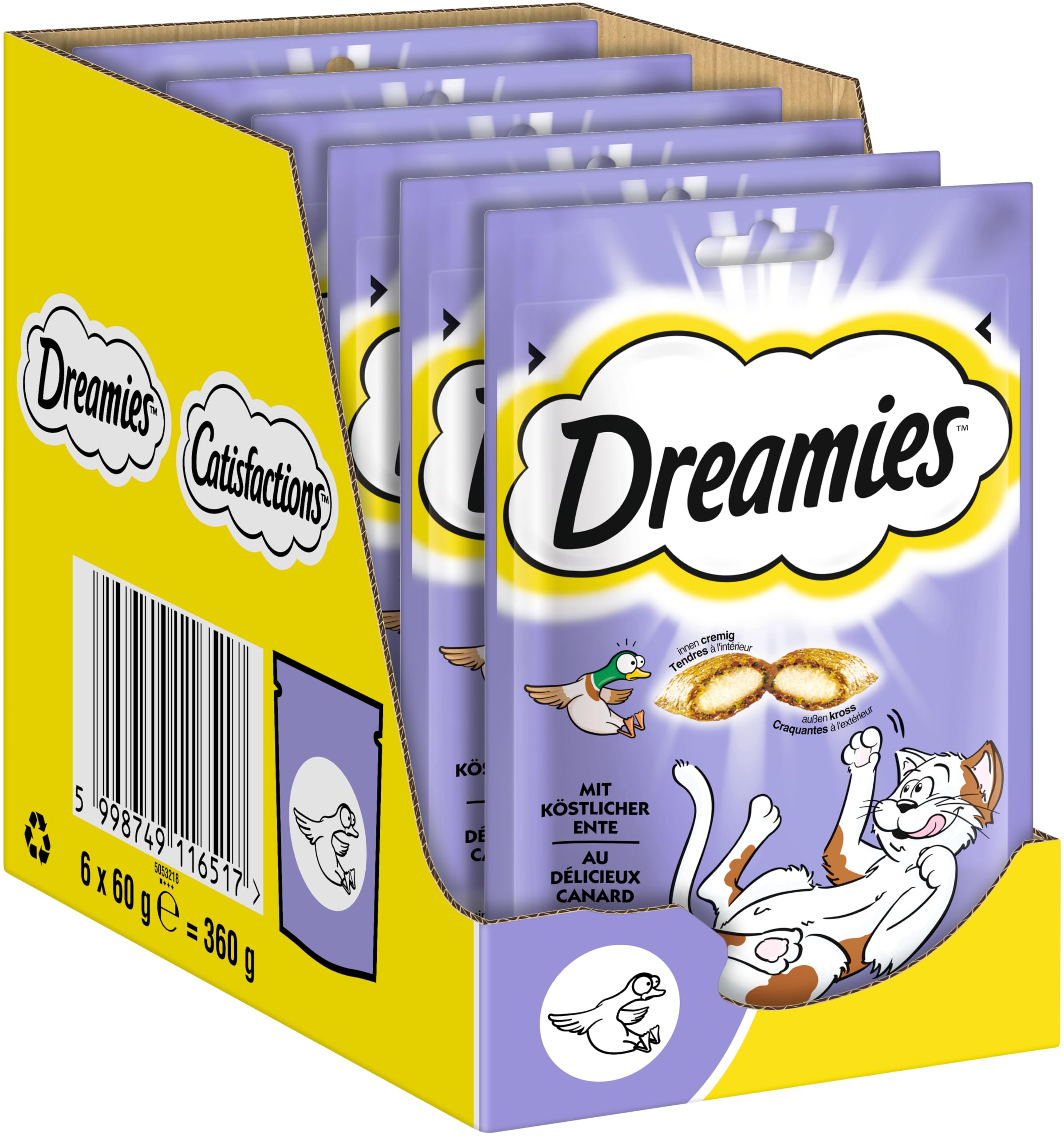 DREAMIES Katzensnacks - 6x60g - mit Ente - Traumhaft knusprige Katzen Leckerlies mit zarter Füllung