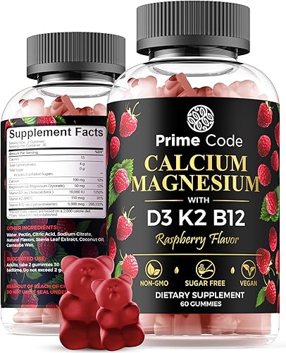 Gomitas de calcio para mujeres y hombres con magnesio, vitamina B12, vitamina K2 y vitamina D3, suplemento de calcio para adultos de 100 mg,