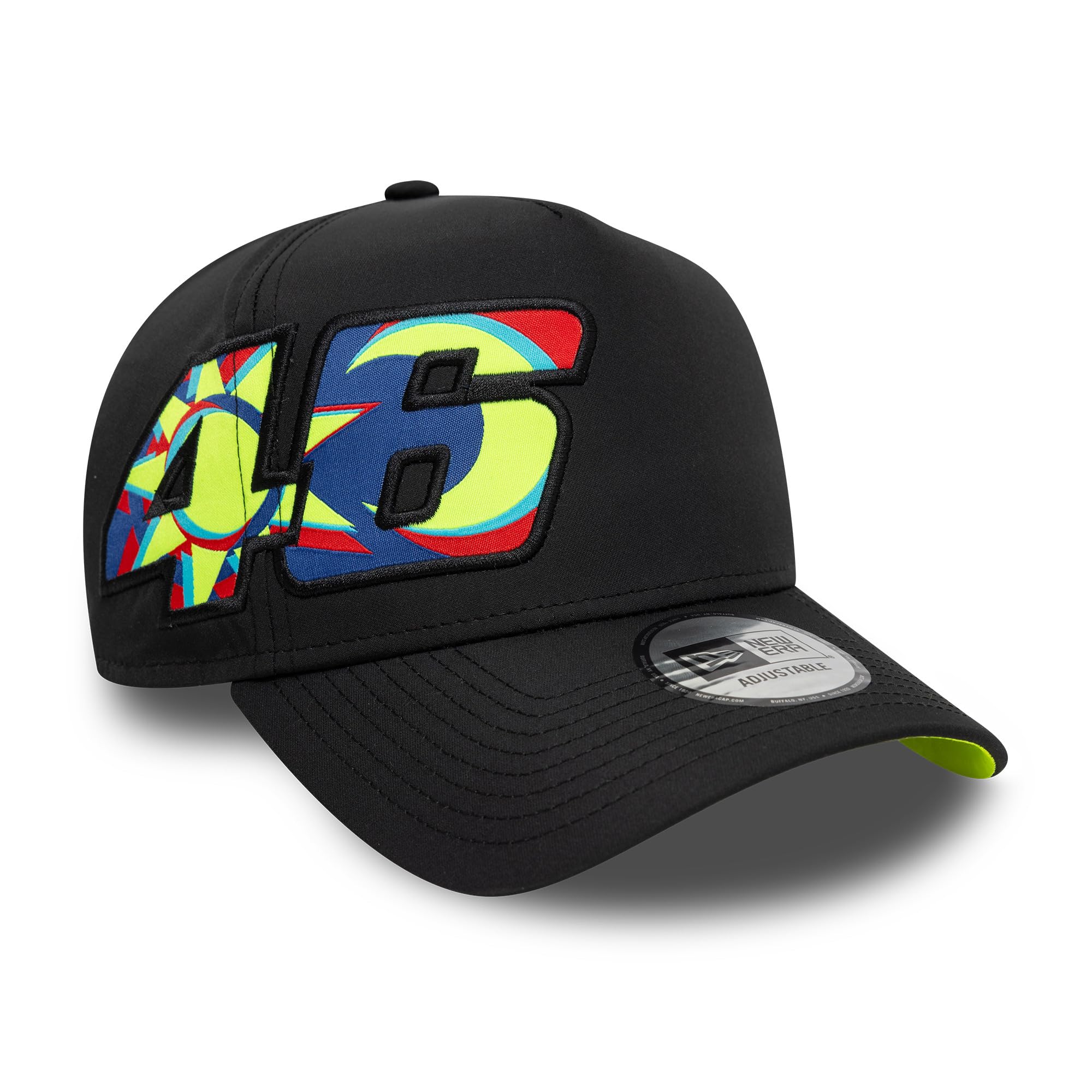 New Era VR46, Valentino Rossi, Official Moon Sun Baseball Cap, E-Frame Trucker, Black with Neon Yellow, Adjustable