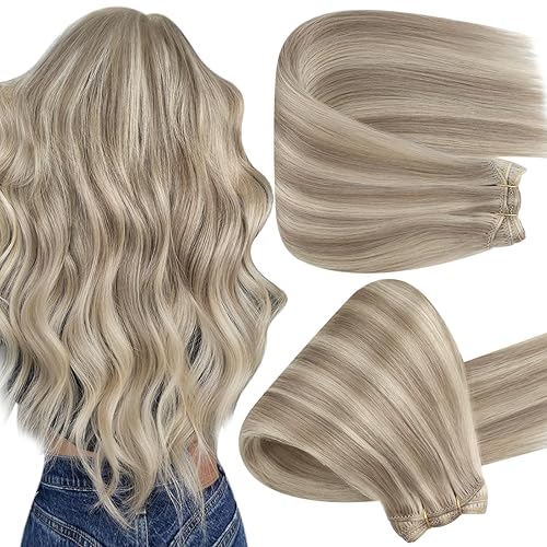 Miniatura 60 de Full Shine Extensiones de cabello humano de 22 pulgadas para coser, castaño a rubio miel, mezcla de rubio platino, 3.70 oz