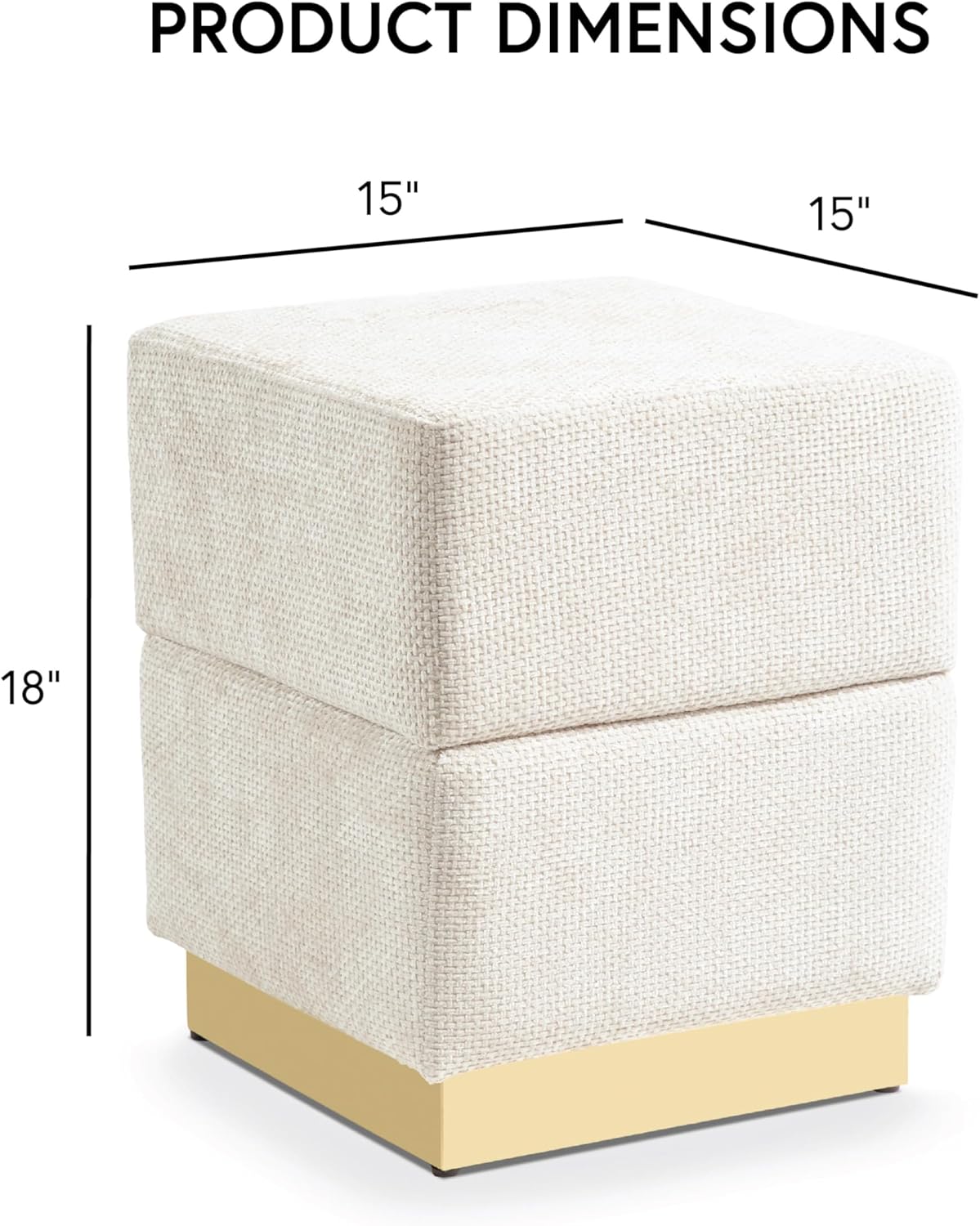 Furniture of America Renzo Modern 15-inch Chenille Cube Ottoman with Storage Compartment and Stainless Steel Base, Vanity Stool Chair, Small Foot Stool for Bedroom, Living Room, Entryway, Beige