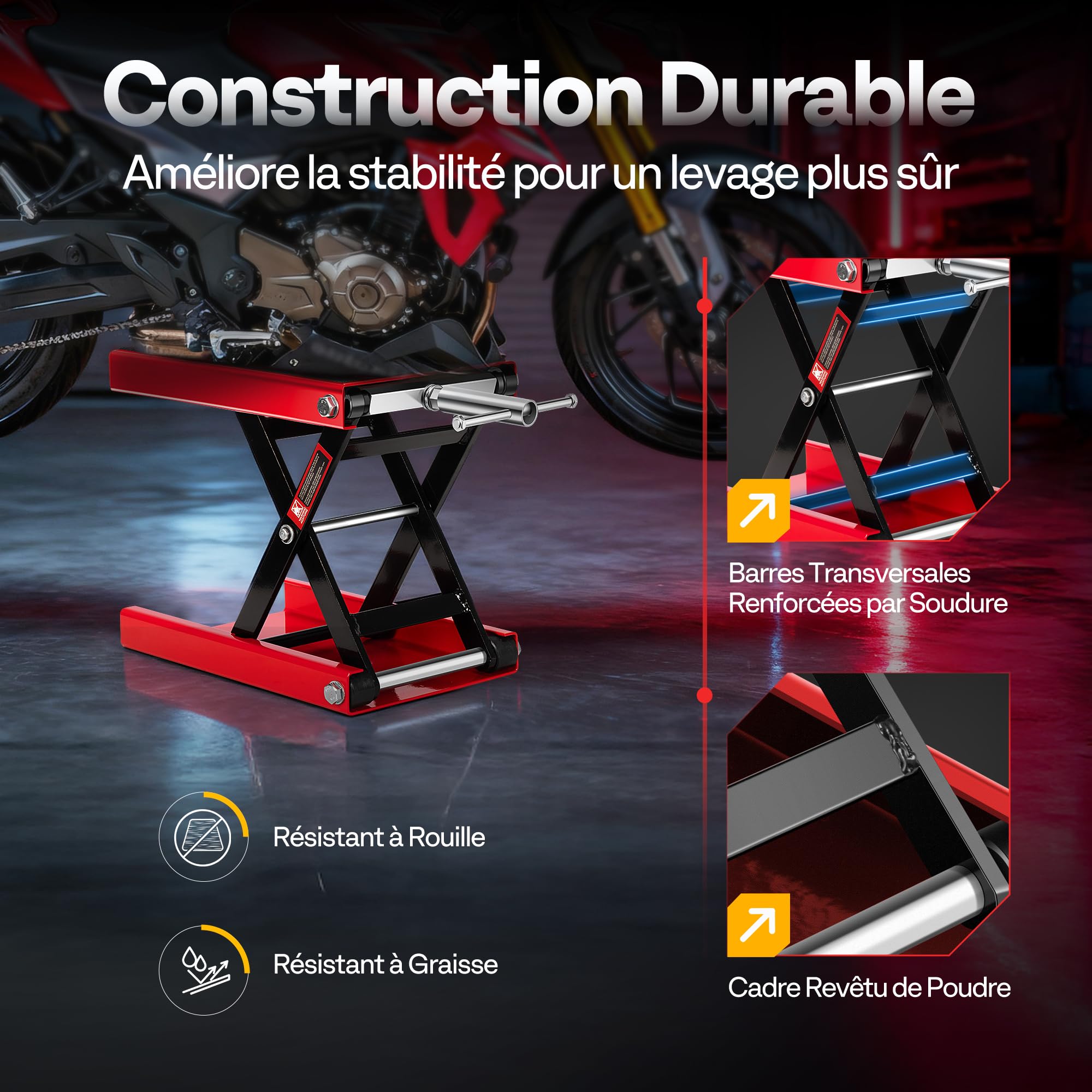 VIVOHOME Élévateur de Moto à Ciseaux en Acier avec Large Plateforme et Manivelle, Support Central Capacité 500kg pour ATV Motos Tout Terrain Garage Réparation Rouge