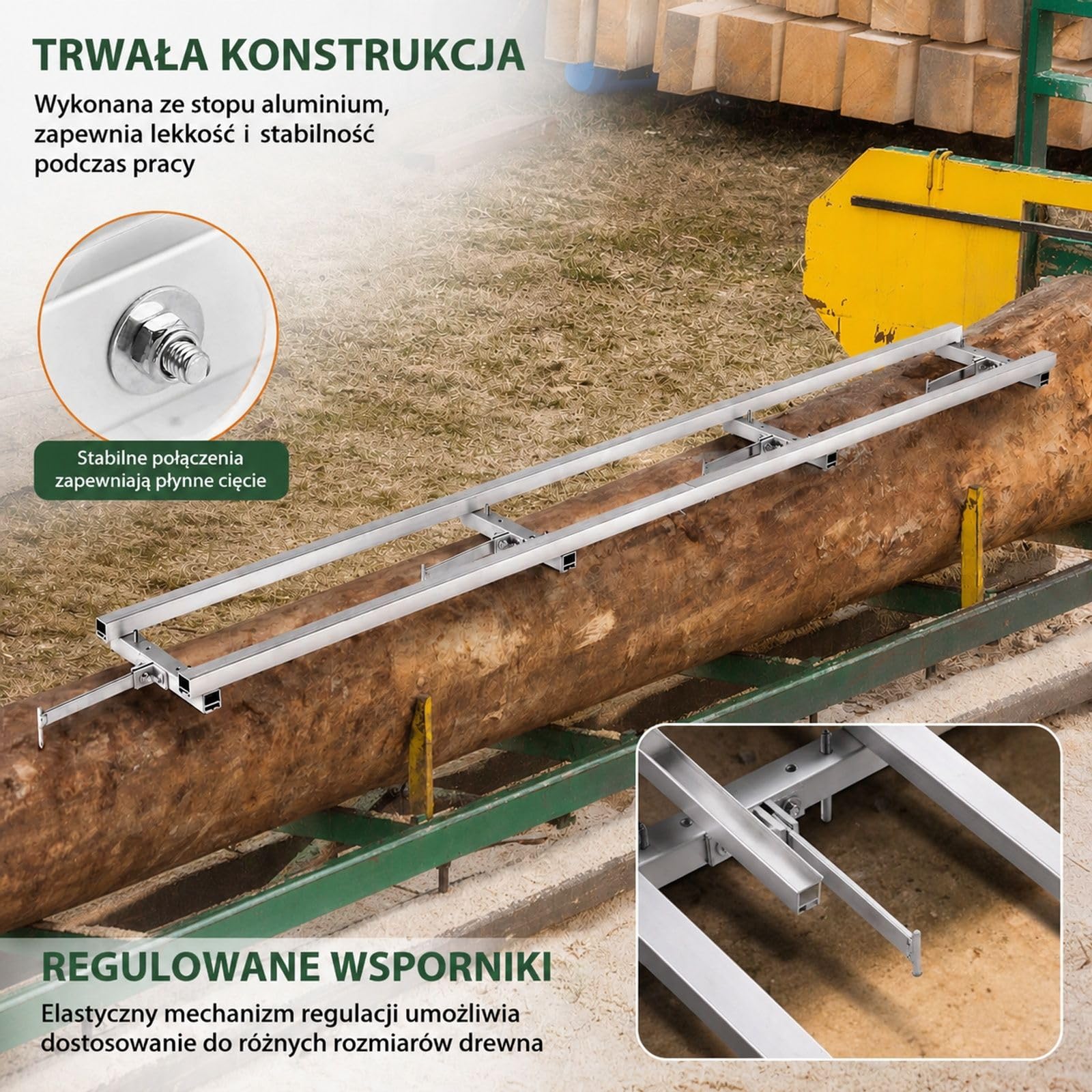 Srebrny system prowadnic do przenośnego traka łańcuchowego z aluminium i żelaza, do prac z drewnem
