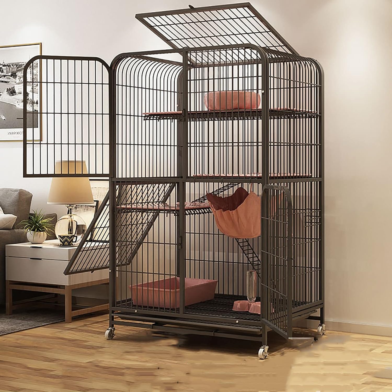 大型猫ケージ 猫用ケージ フェレットケージ屋内猫ベビーサークル 脱走防止 簡単組み立て 猫犬小屋金属ワイヤー犬小屋クレート子猫モルモット用小動物ケージ Color Black Size 94x64 5x150cm Anbx Net