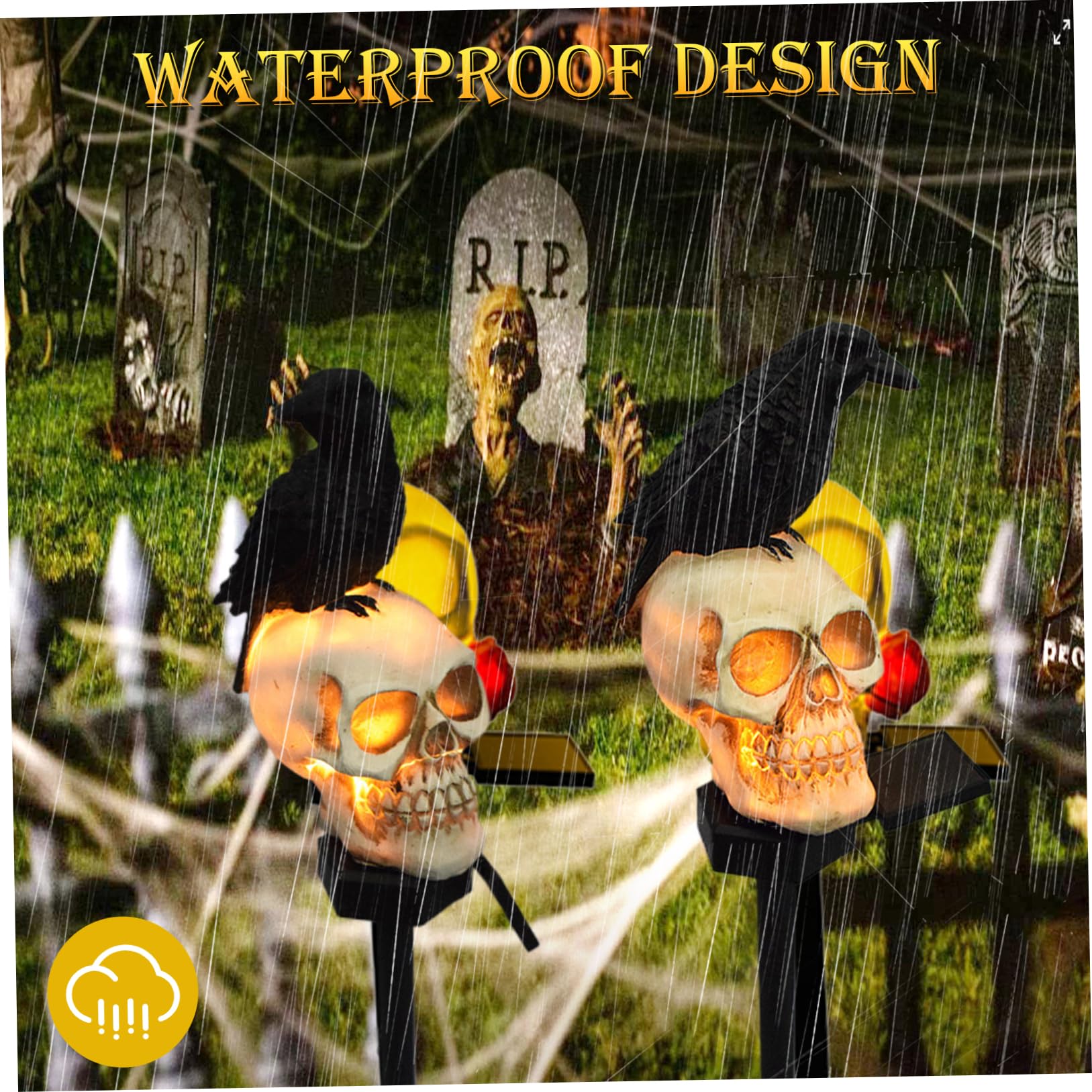 Luces solares de Halloween para exteriores, juego de 2 luces solares de cuervo en calavera, luces solares de Halloween con estaca, impermeables, luz LED blanca cálida, decoraciones de