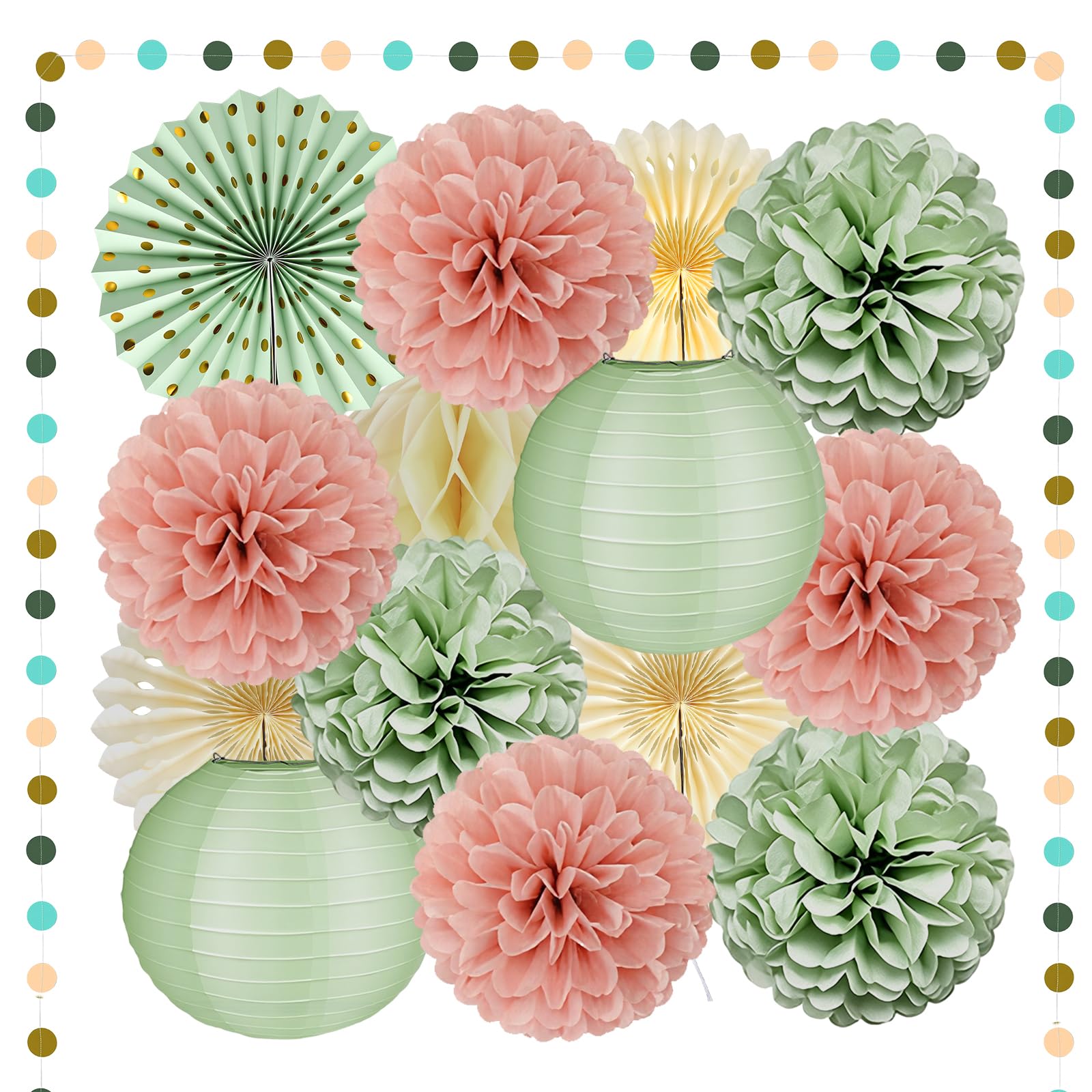 Sage Green and Dusty Pink Party Decorations, Sage Green Party Tissue Paper Pom Poms Lanterns Beige Paper Fans for Woodland Baby Shower, Gender Neutral Wedding