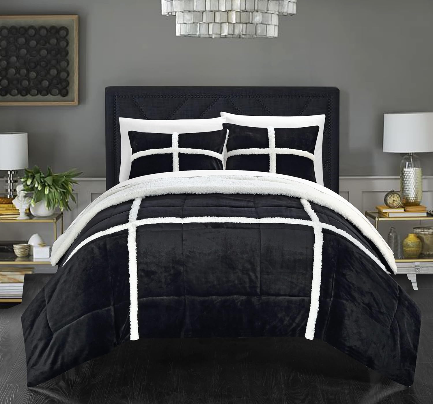 Chic Home Chloe 3 Piece Comforter Set Ultra Plush Micro Mink Sherpa Lined Bedding – Decorative Pillow Shams Included, King, Black