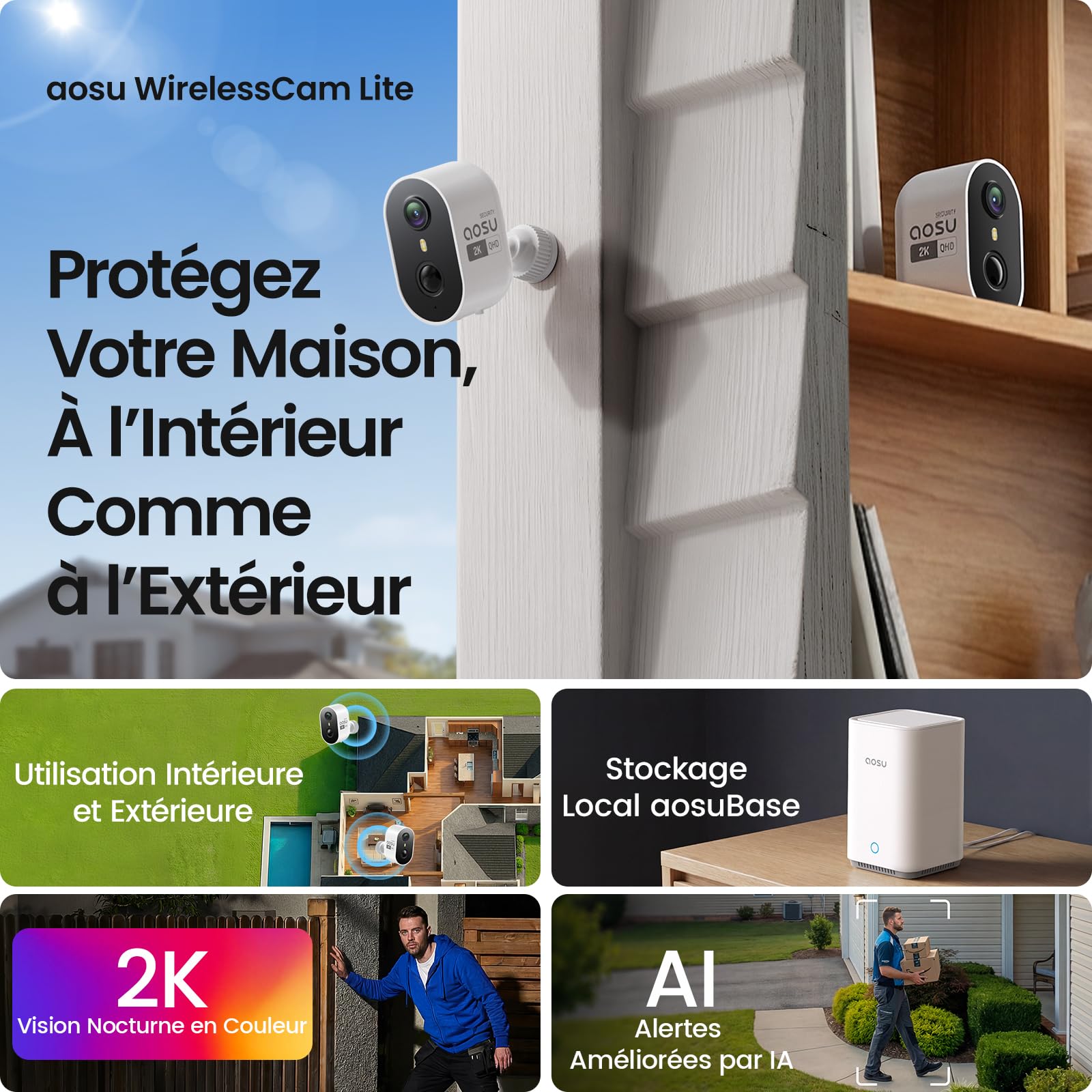AOSU 2K Caméra Surveillance WiFi Extérieure Intérieur Sans Fil, 4 Cam Kit & 2.0 aosuBase, Sans Abonnement Requis, Extensible à 1 To, AI PIR Détection, Alarme Son et Lumière, Vision Nocturne en Couleur
