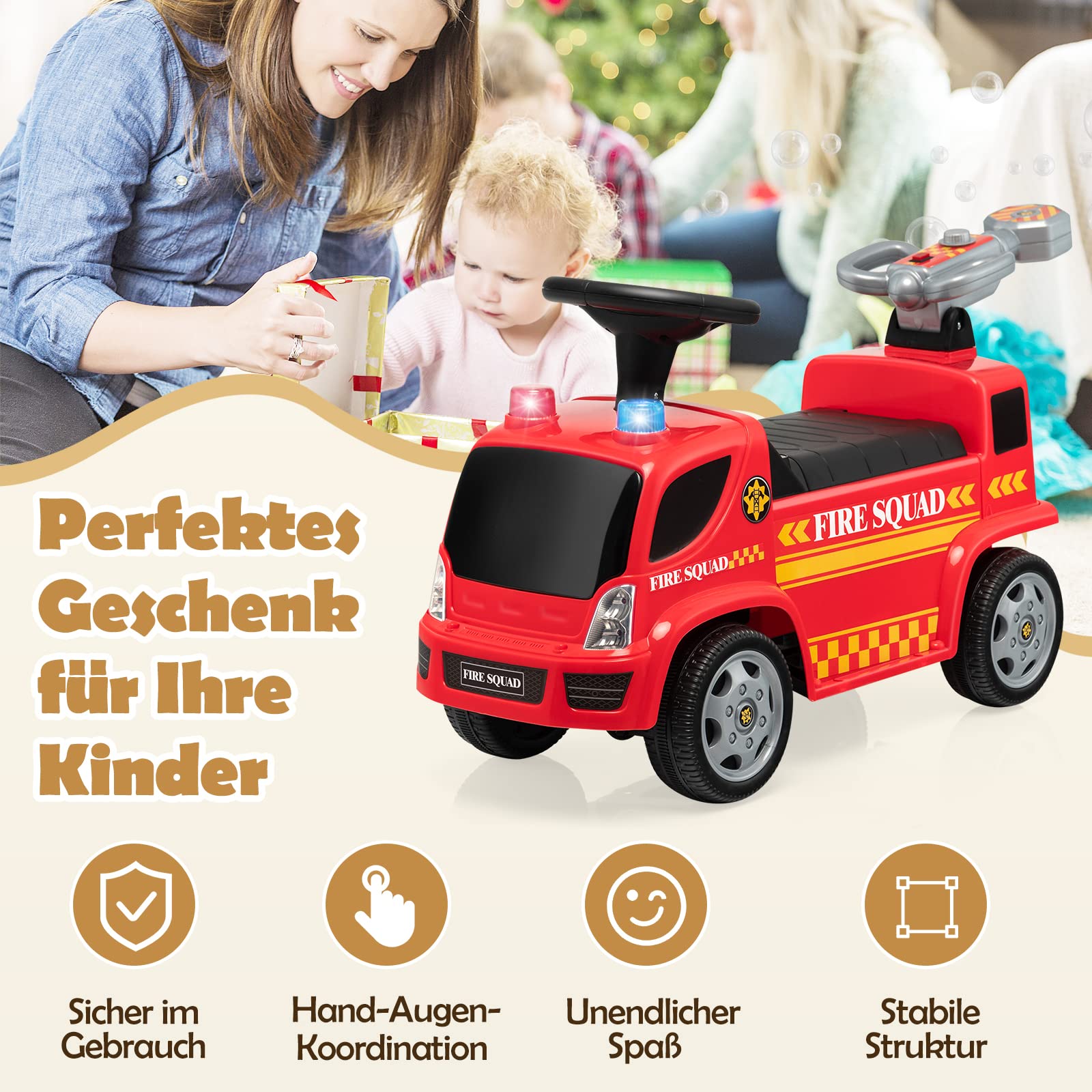 GOPLUS Rutschfahrzeug mit Seifenblasenpistole, Rutschauto mit Sirene & Musik für Jungen & Mädchen, Feuerwehr-Rutschfahrzeug mit Schillernden Lichtern, Kinderfahrzeug für 18-36 Monate, Rot (Modell 1)
