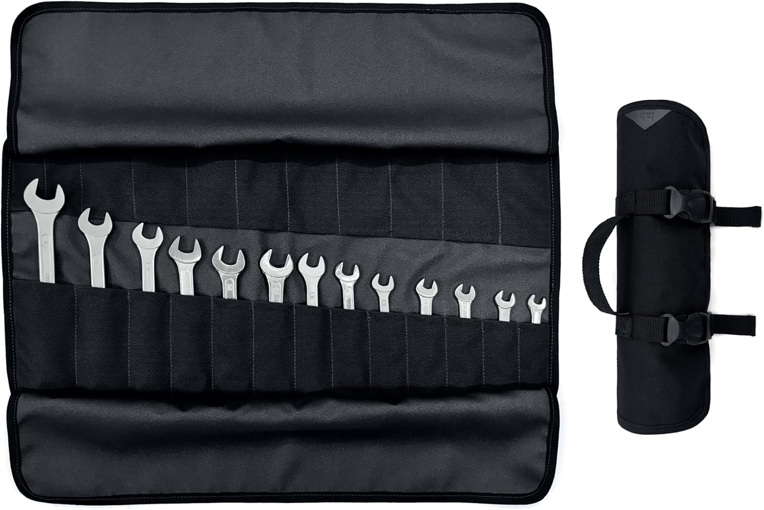 Under NY Sky Tool Roll Organizer, 24 Pockets, Oxford Canvas, Heavy-Duty Wrench Bag, Portable Hand Tool Pouch for Mechanics, Electricians, and Hand Tools - Black