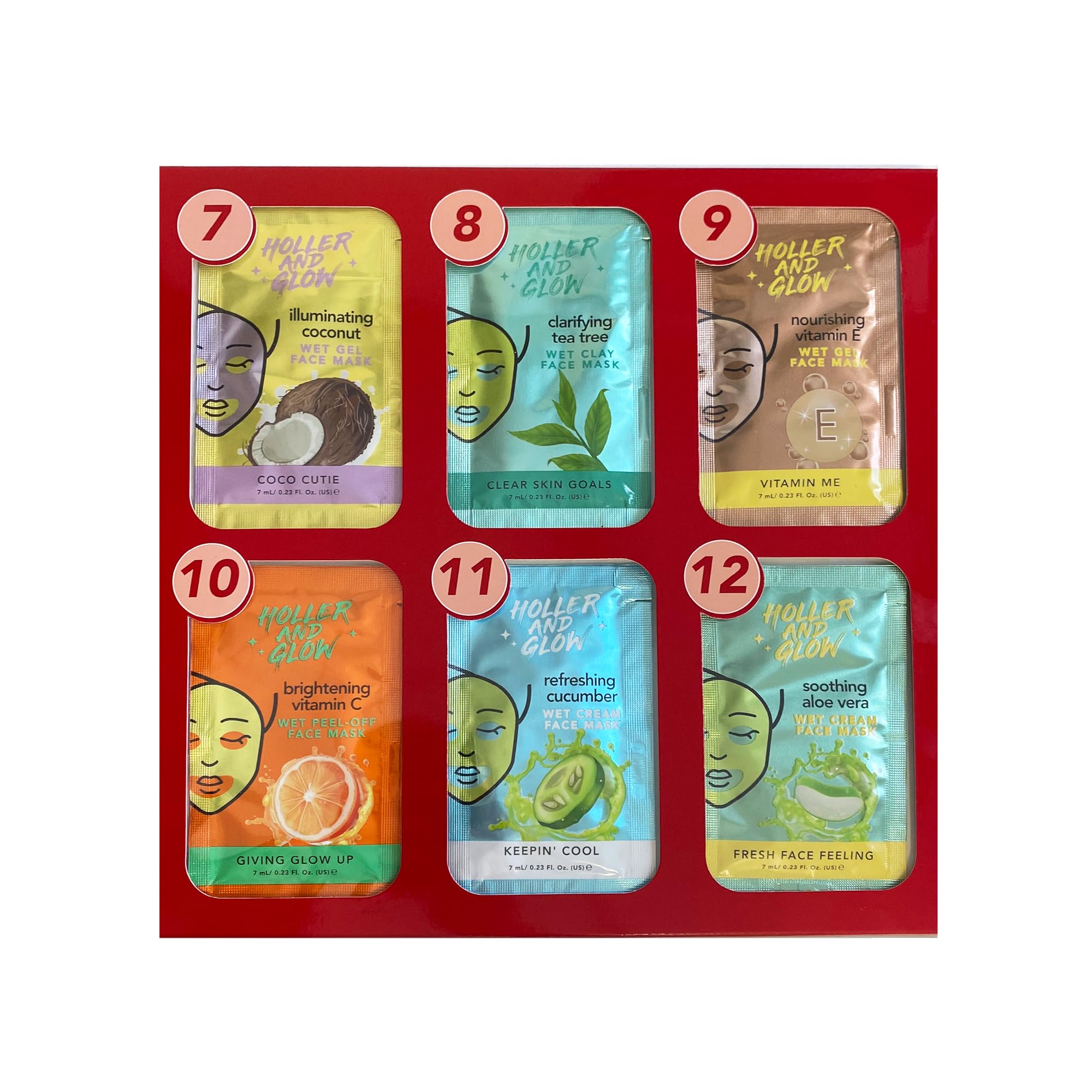 Holler And Glow 12 Days of Self Care Facial Mask Set, Valentine's, Hydrating Hyaluronic Acid, Moisturizing, Calming, Illuminating, Smoothing, Detoxifying, Brightening Vitamin C, 12 Piece Gift Set