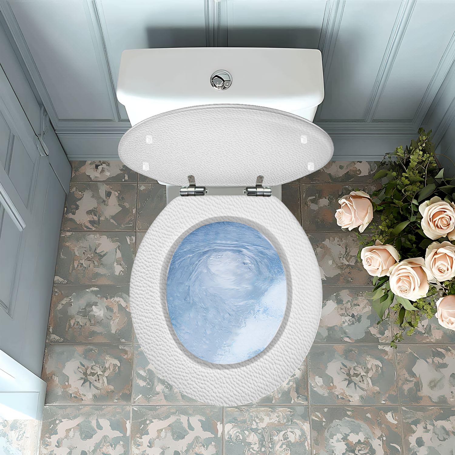 Asiento de inodoro redondo genérico de resina blanca, bisagras de liberación rápida para baño.