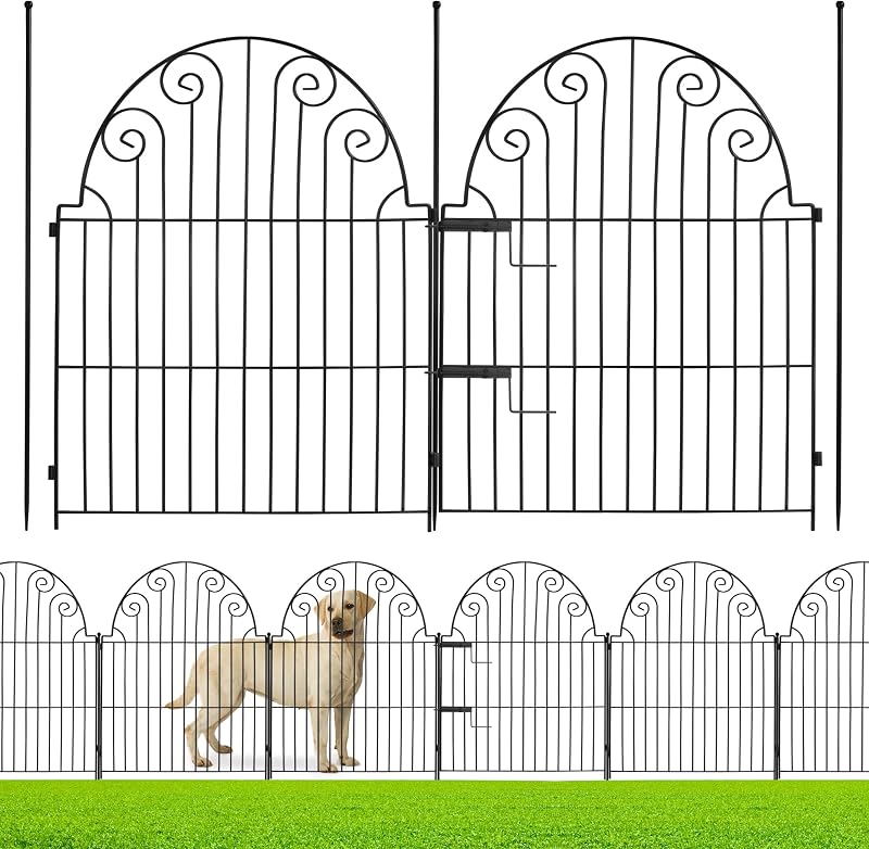 Valla decorativa para jardín, 5 paneles, valla de metal resistente al óxido, 12 pies de largo, borde de barrera para animales para perros, valla de jardín para patio al aire libre, césped, jardín, cama de flores (36 pulgadas de alto con puerta)