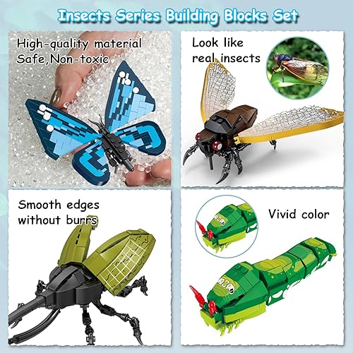 Miniatura 7 de KAZI Juego de juguetes de construcción de insectos, bloques de construcción de colección de insectos con mariposa azul realista, juguetes de