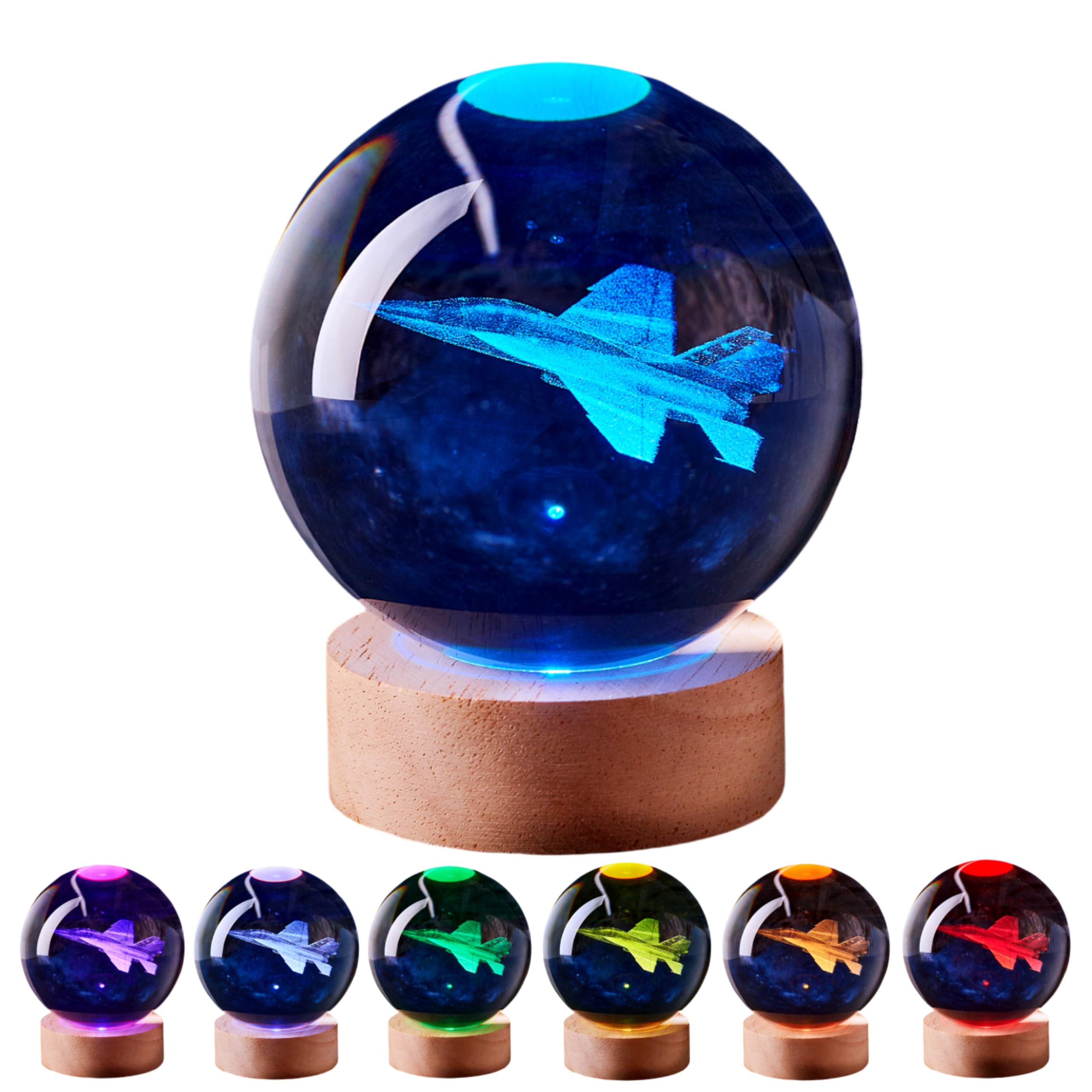 LGY3DLight 3D Crystal Ball Lamp with Remote Control, 3.15 inch Crystal Night Light with Wooden Base 16 Colors Change, Glass Figurine Lamp Gift for Girls Boys Wife Girlfriend Mom (Airplane)