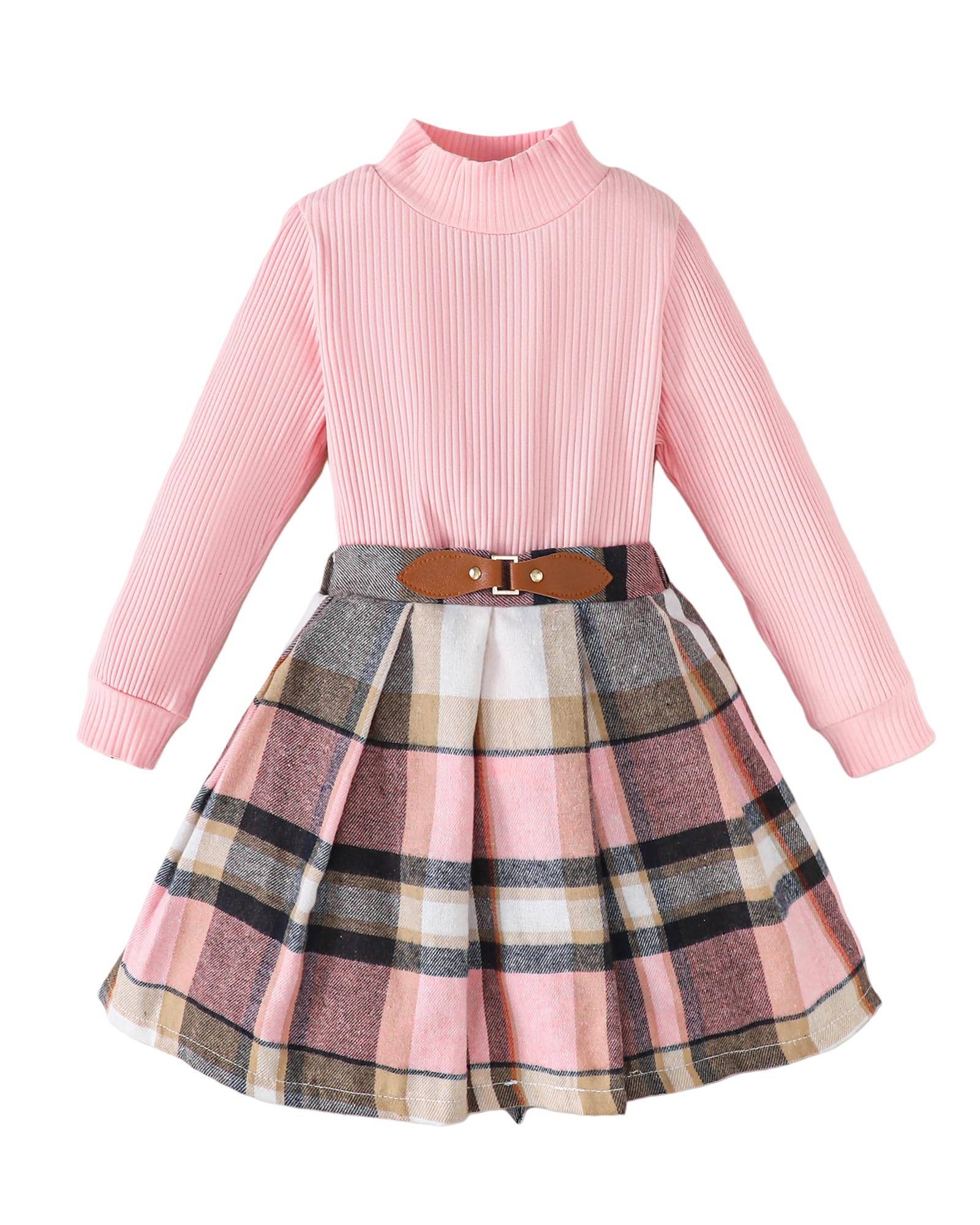 Kucnuzki Toddler Baby Girl Fall Winter Clothes Long Sleeve Ribbed Shirt Top Corduroy Mini Skirt Plaid A-line Dress Outfit