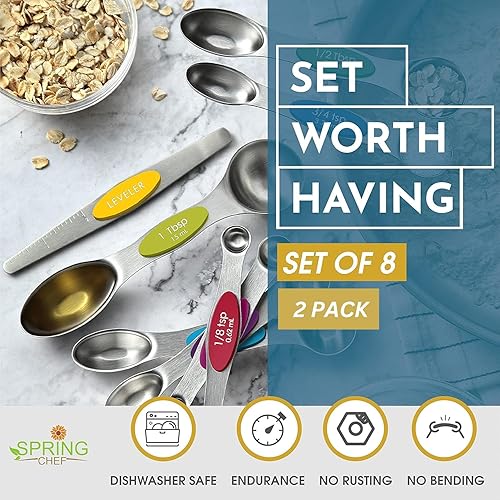 Miniatura 2 de Spring Chef - Juego de 8 cucharas medidoras magnéticas de acero inoxidable con nivelador, de metal, anidadas, utensilios de cocina para hornear y