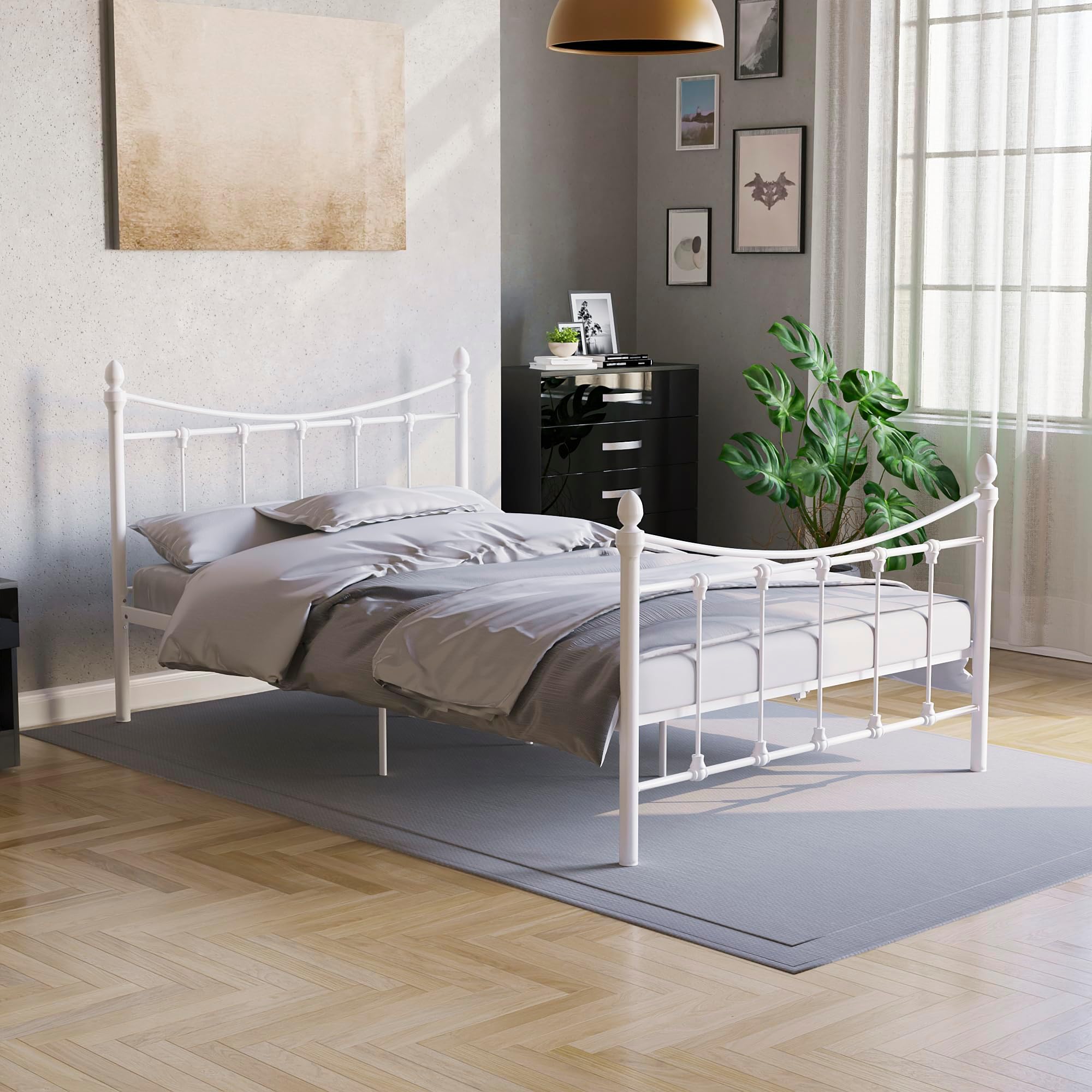 Vida Designs Paris Small Double Bed, 4ft Bed Frame Metal Headboard High Foot End Bedroom Furniture, White