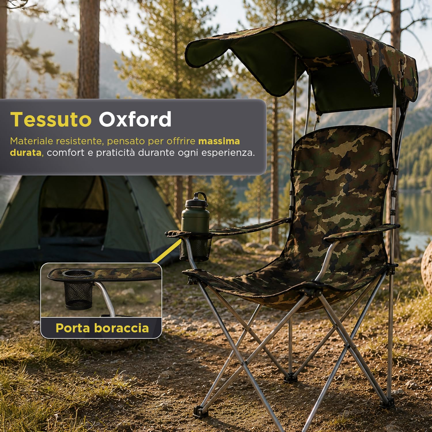 Avilia - Sedia da Campeggio Pieghevole con Tettuccio Parasole – Tessuto Oxford e Acciaio al Carbonio, 120 kg | Sedia Pieghevole Campeggio Camouflage, Aperta L53×P77×A130 cm – Chiusa L19×P19×A87 cm