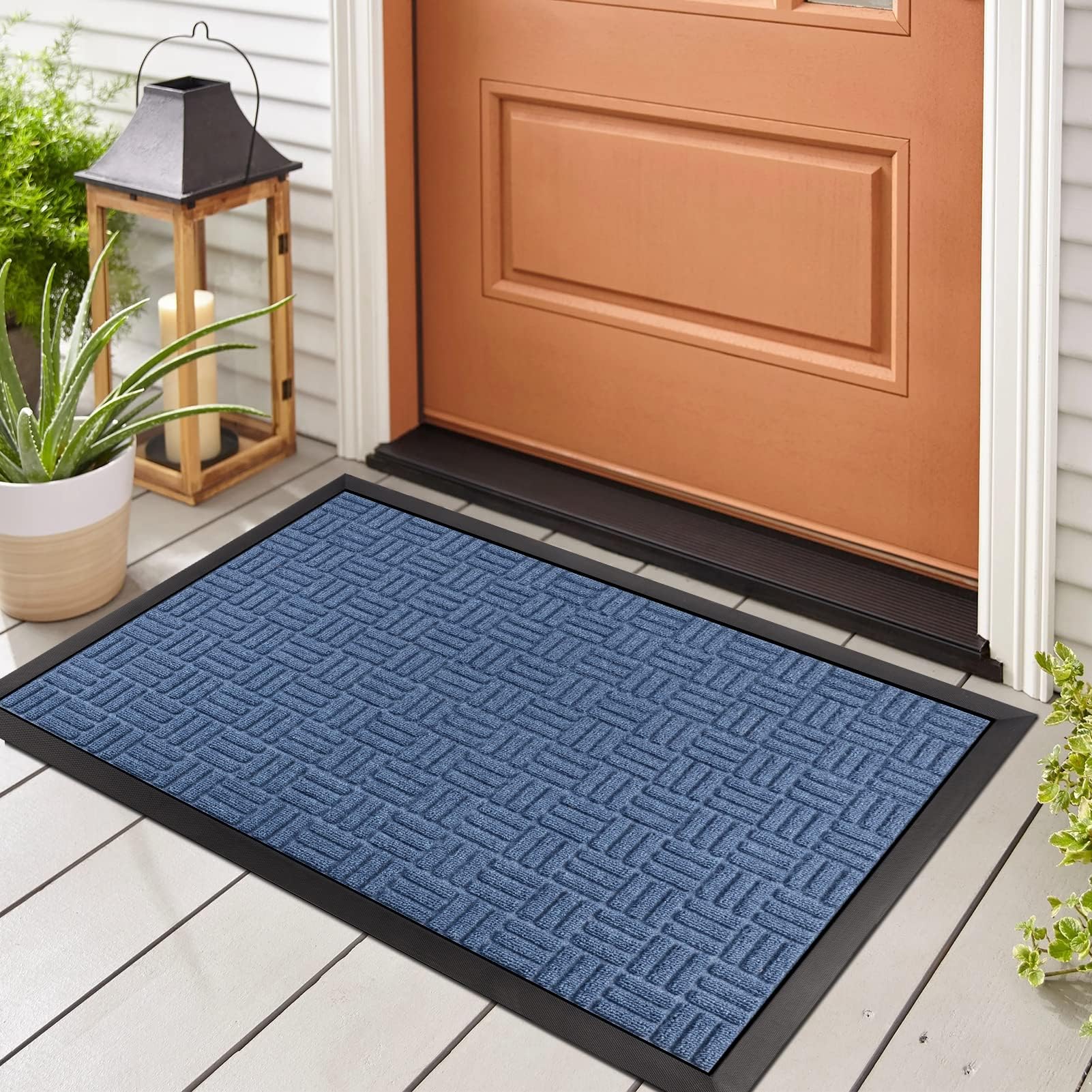 Front Door Mat, Heavy Duty Durable Welcome Mat for Outdoor Indoor, Dirt Trapper Waterproof Super Absorbent Door Mat for Entryway Outside Patio Porch, 35.5" x 24", Blue