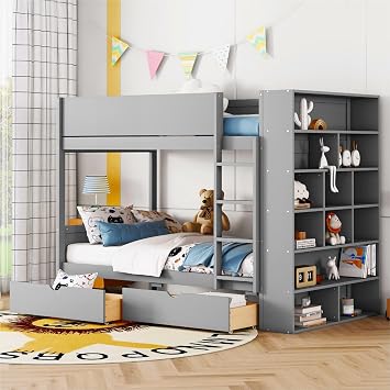 Twin Over Twin Bunk Bed with 2 Drawers and Multi-Layer Cabinet, Solid Wood Bed Frame with Ladder for Kids/Teens Bedroom Furniture Gray+Multi-Layer Cabinet, Twin Over Twin