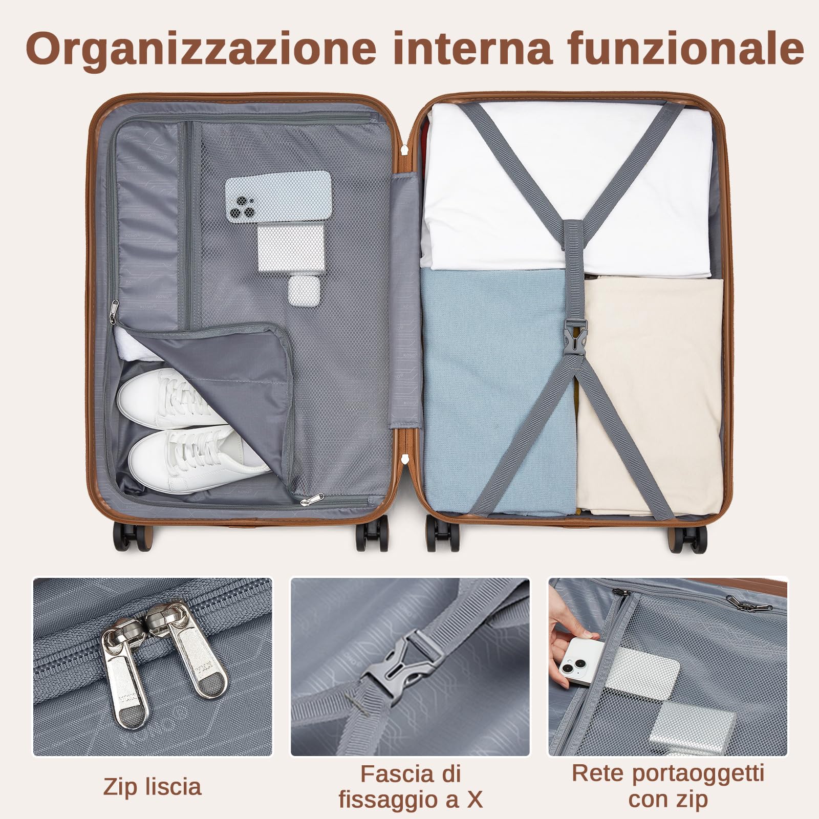 KONO Valigia Media Rigida 20 kg ABS+PC Trolley con 8 Ruote Leggero (65,6 cm, Marina Militare/Marrone)