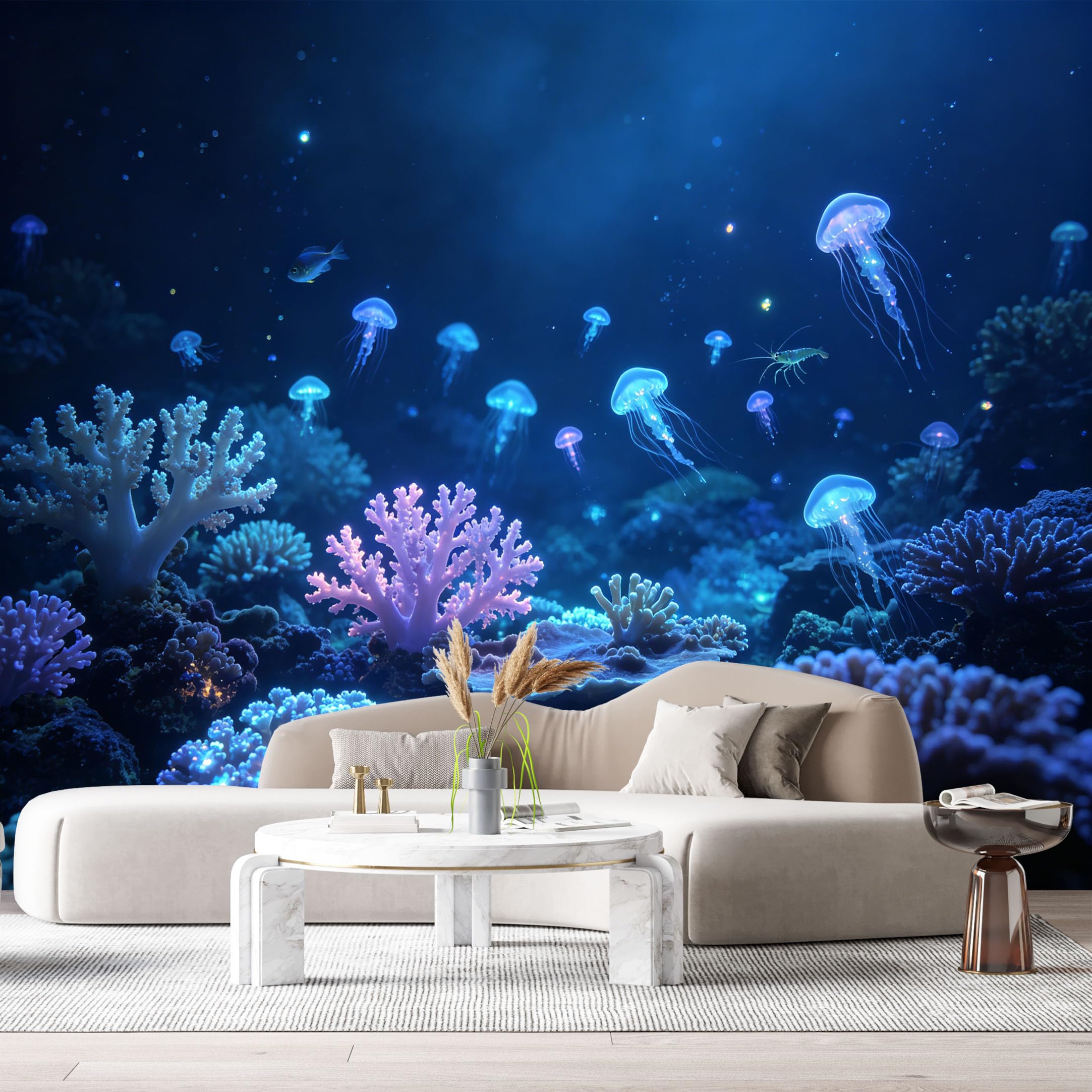 Custom Size Wall Murals Ocean Marine Jellyfish Bioluminescent Coral Reef SelfAdhesiveWall Fabric Removable Wallpaper Wall Decor for Living Room Bedroom Bathroom