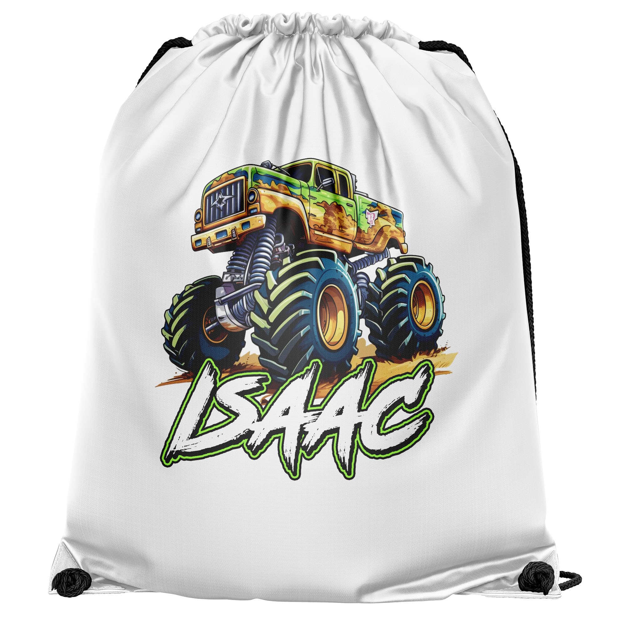 Monster Truck Personalised Drawstring Bag for Boys Off Road Track Back to School PE Sports Kids Bag, One Size, White