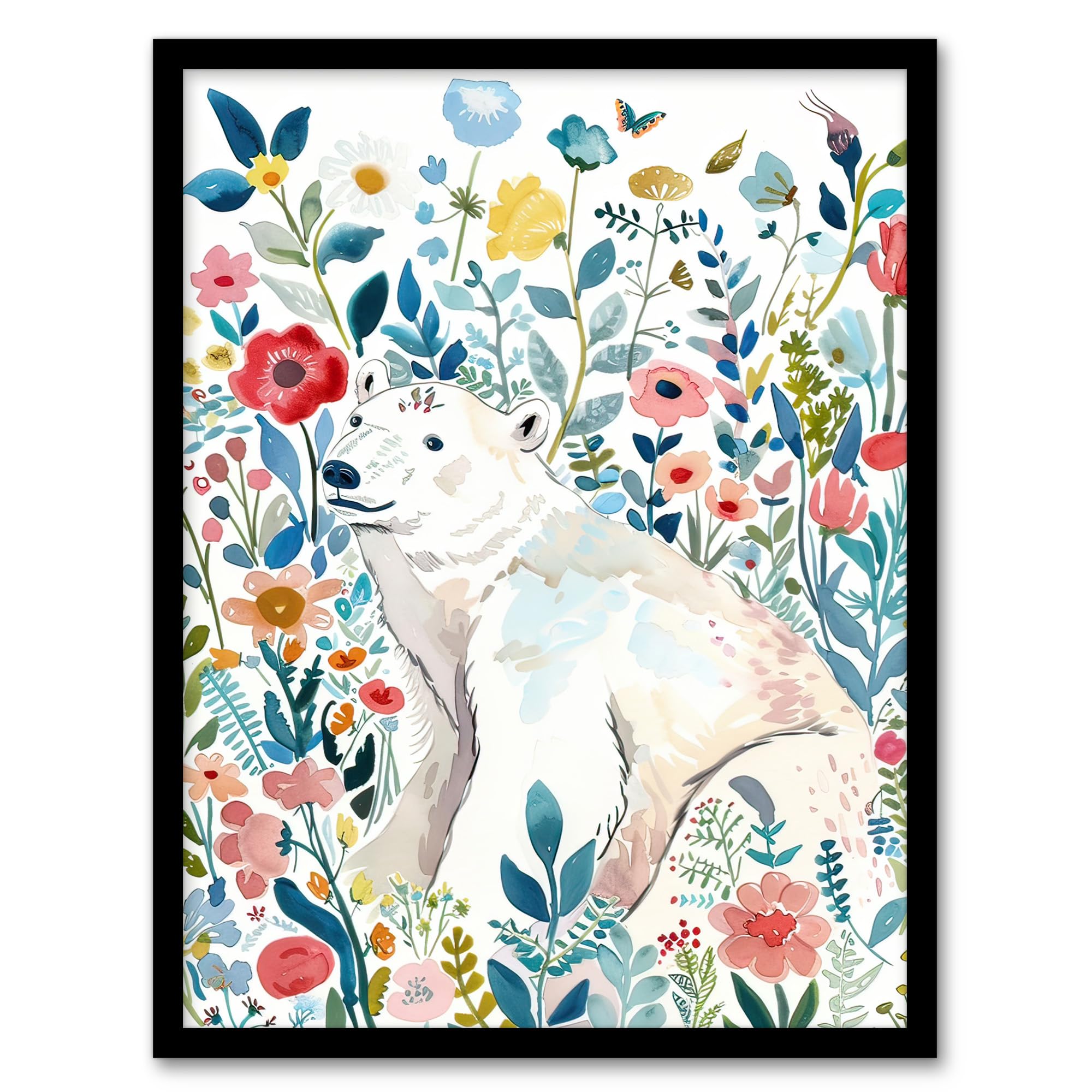 Artery8 Polar Bear Basking Wildflower Field Watercolour Living Room Artwork Framed Wall Art Print A4