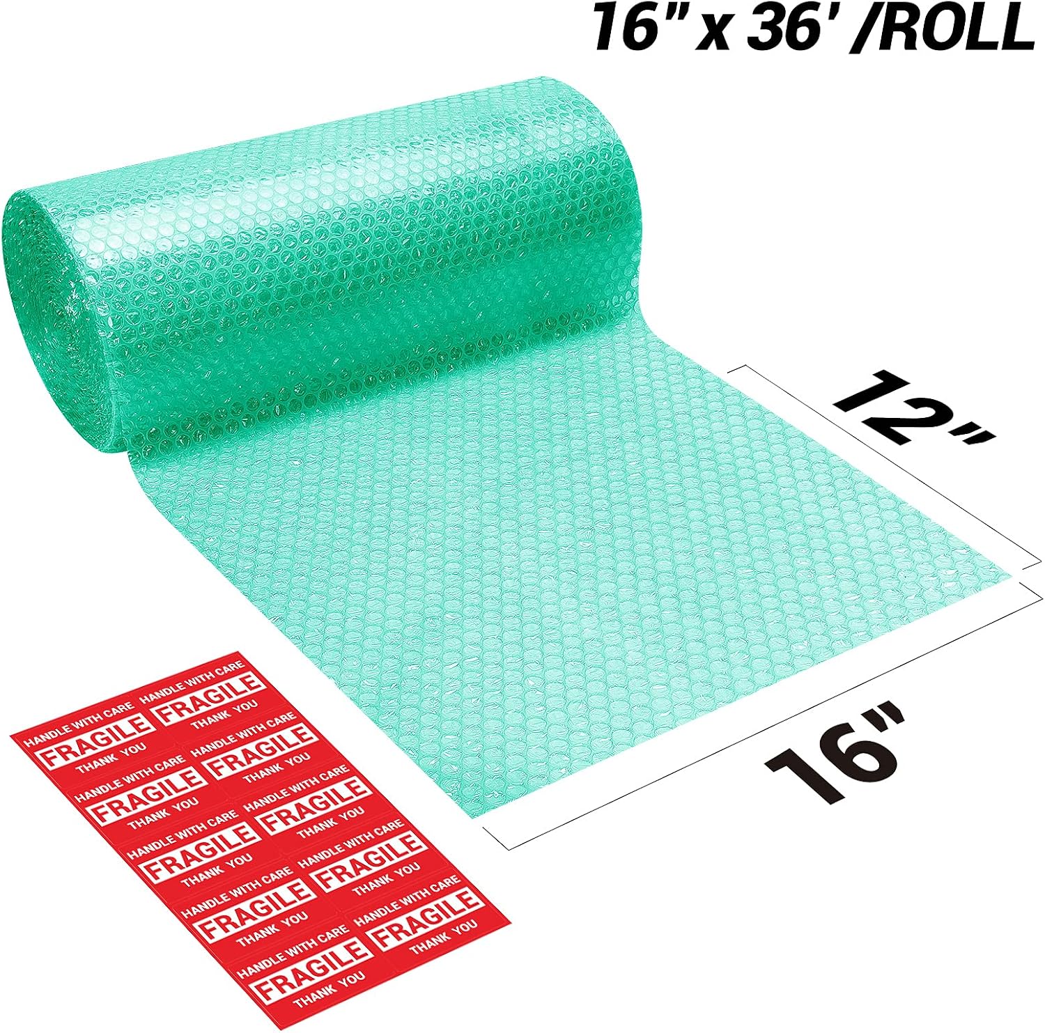 Bubble Cushioning Wrap Roll, KeePack 3/16" Air Bubble 16 Inch x 36 Feet Total, Moving Box Supplies for Packing, Included 20 Stickers for Fragile Items, Perforated Every 12" (Green)