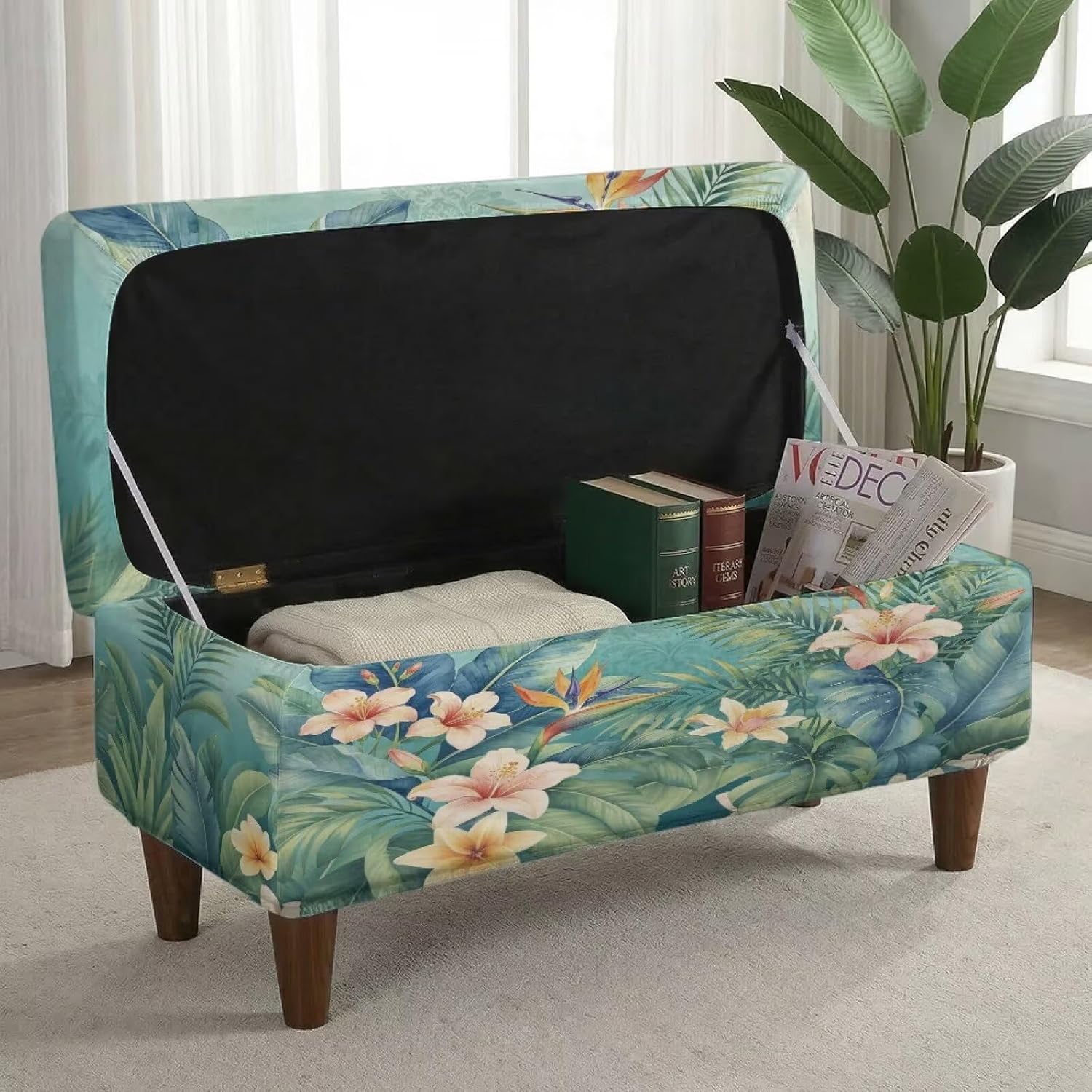 Ottoman Cover Hummingbird Design Stretch Storage Ottoman Bench Slipcover Printed Folding Storage Bench Footstool Protector Cover with Elastic Bottom Machine Washable