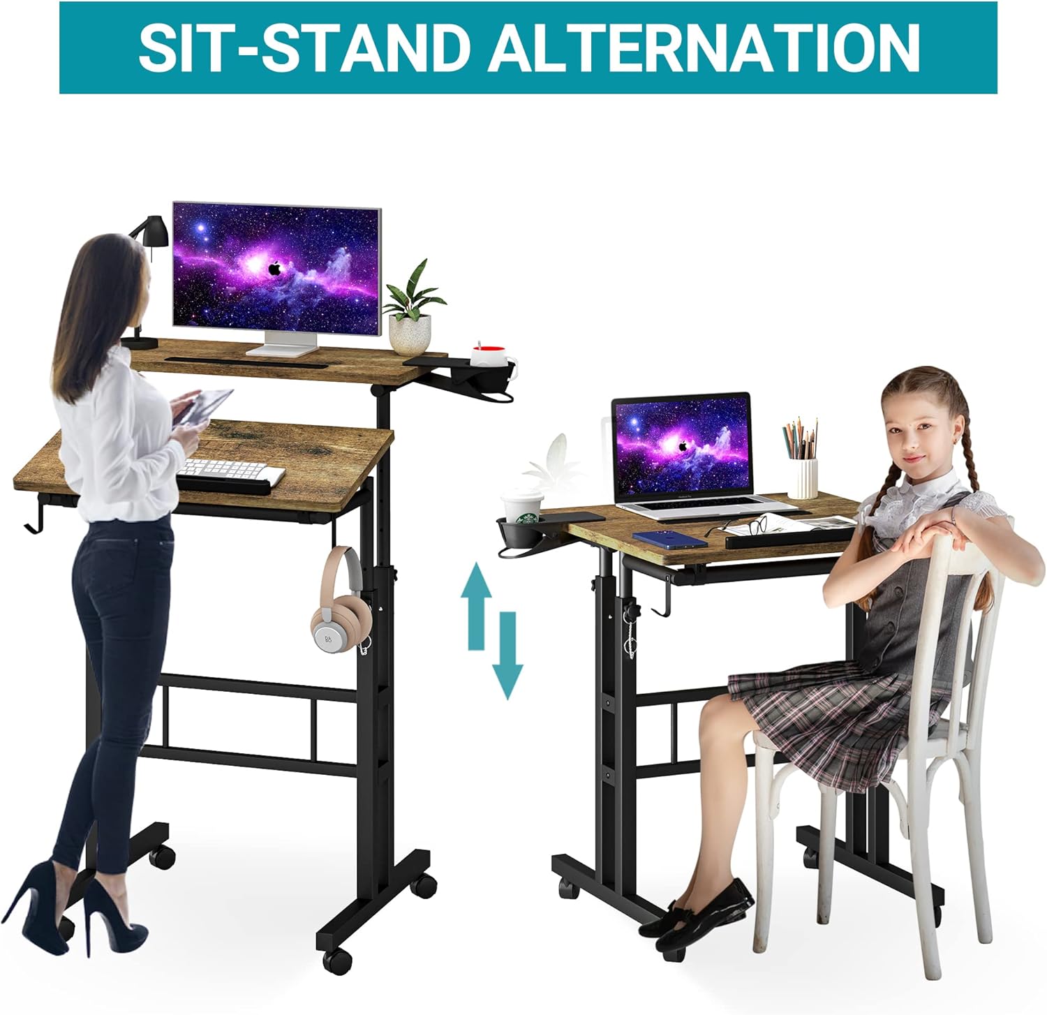 Klvied Rolling Mobile Desk with Cup Holder, Portable, Adjustable Height Small Stand up Desk on Wheels for Home Office Laptop Cart, Computer, Standing or Sitting,Oak - Image 5