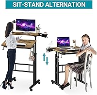 Vista 5 de Klvied Rolling Mobile Desk with Cup Holder, Portable, Adjustable Height Small Stand up Desk on Wheels for Home Office Laptop Cart, Computer