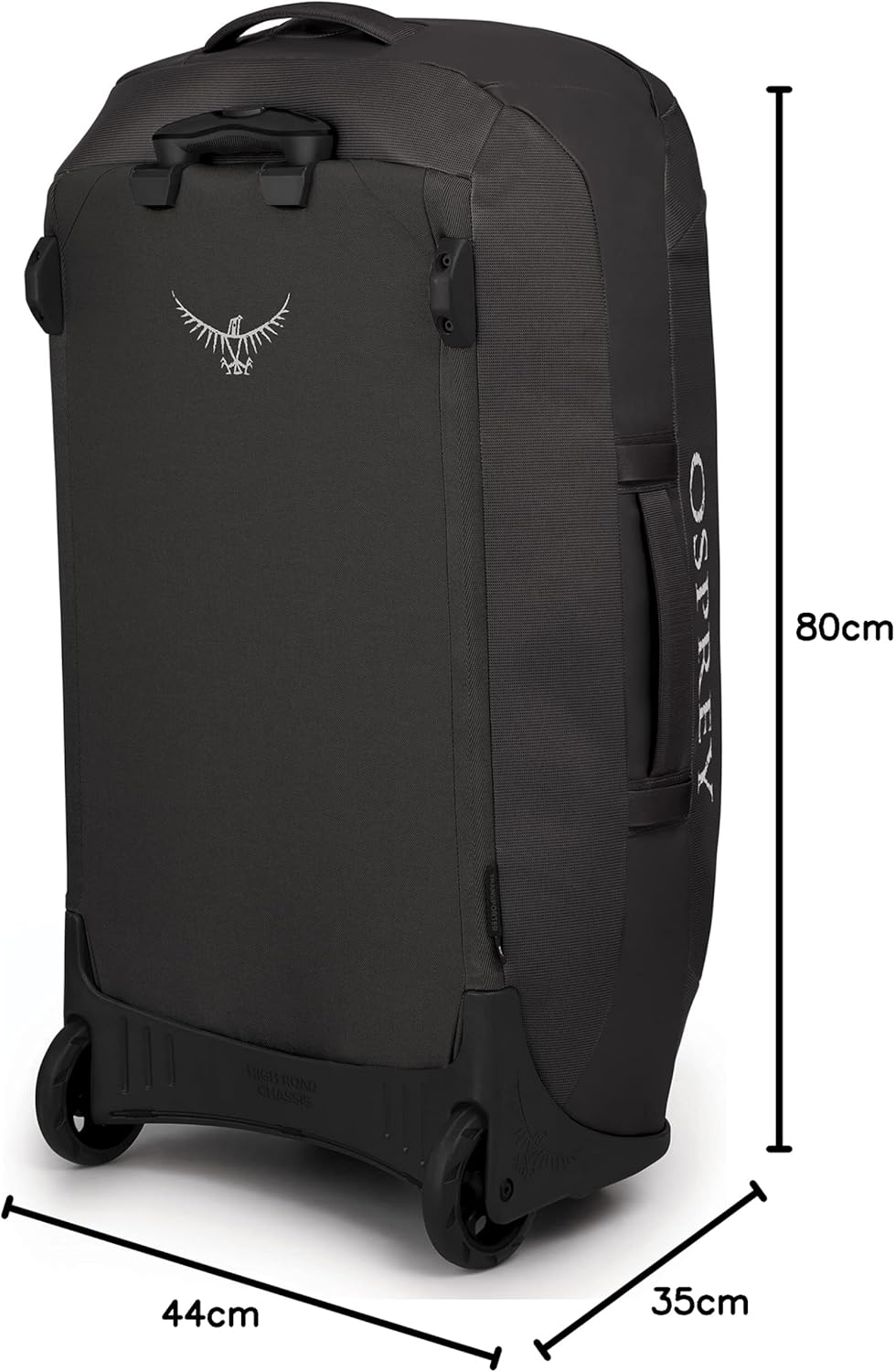 Osprey Rolling Transporter 90, side view ከተሰየሙ ልኬቶች ጋር