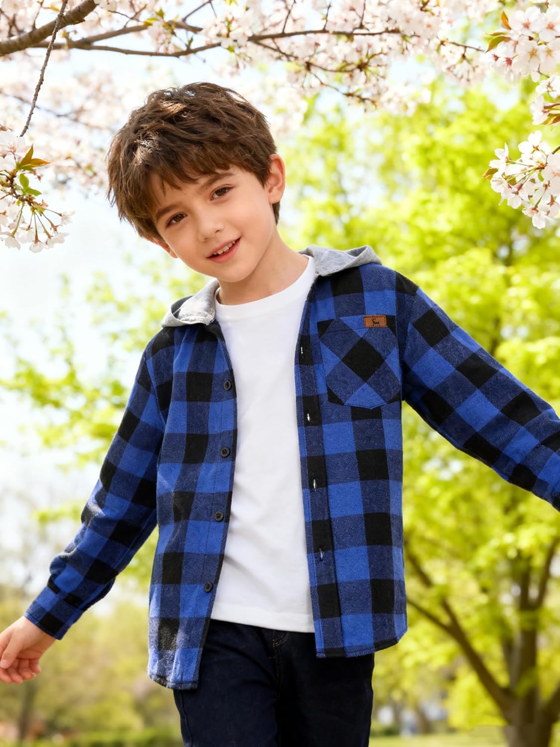 3-Pack Boys Long Sleeve Button-up Shirt with Hood Unisex Kids Flannel Fall Shirts Cotton Plaid Hoodie for 6-15 Years - Image 2