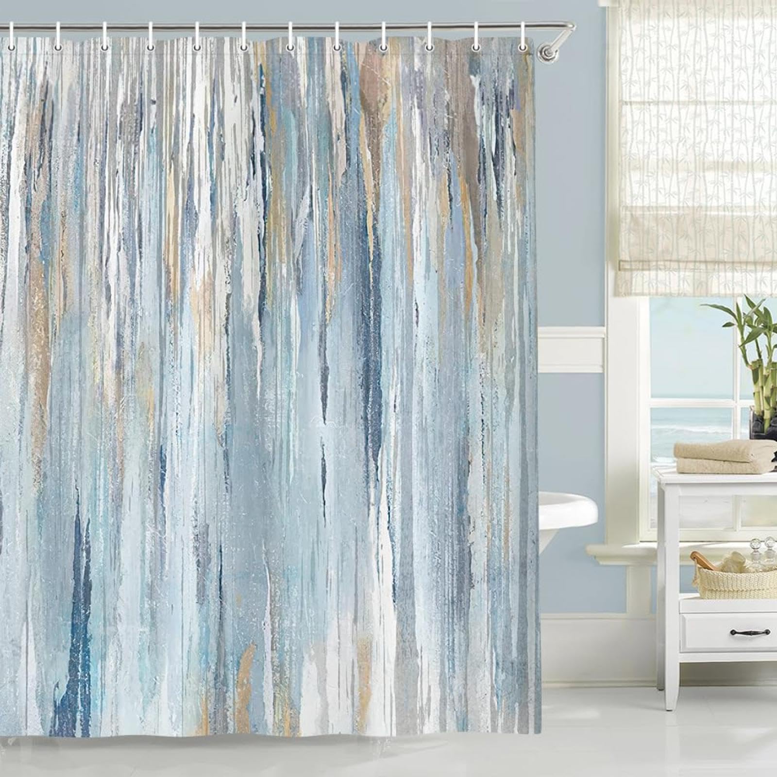 UIYIUI Abstract Shower Curtain 78x72in/198x183cm Gray Blue Modern Beachy Aesthetic Stripe Ombre Minimalist Chic Painting Fabric Shower Curtain for Bathroom, Contemporary Small Stall Bathtub Curtains