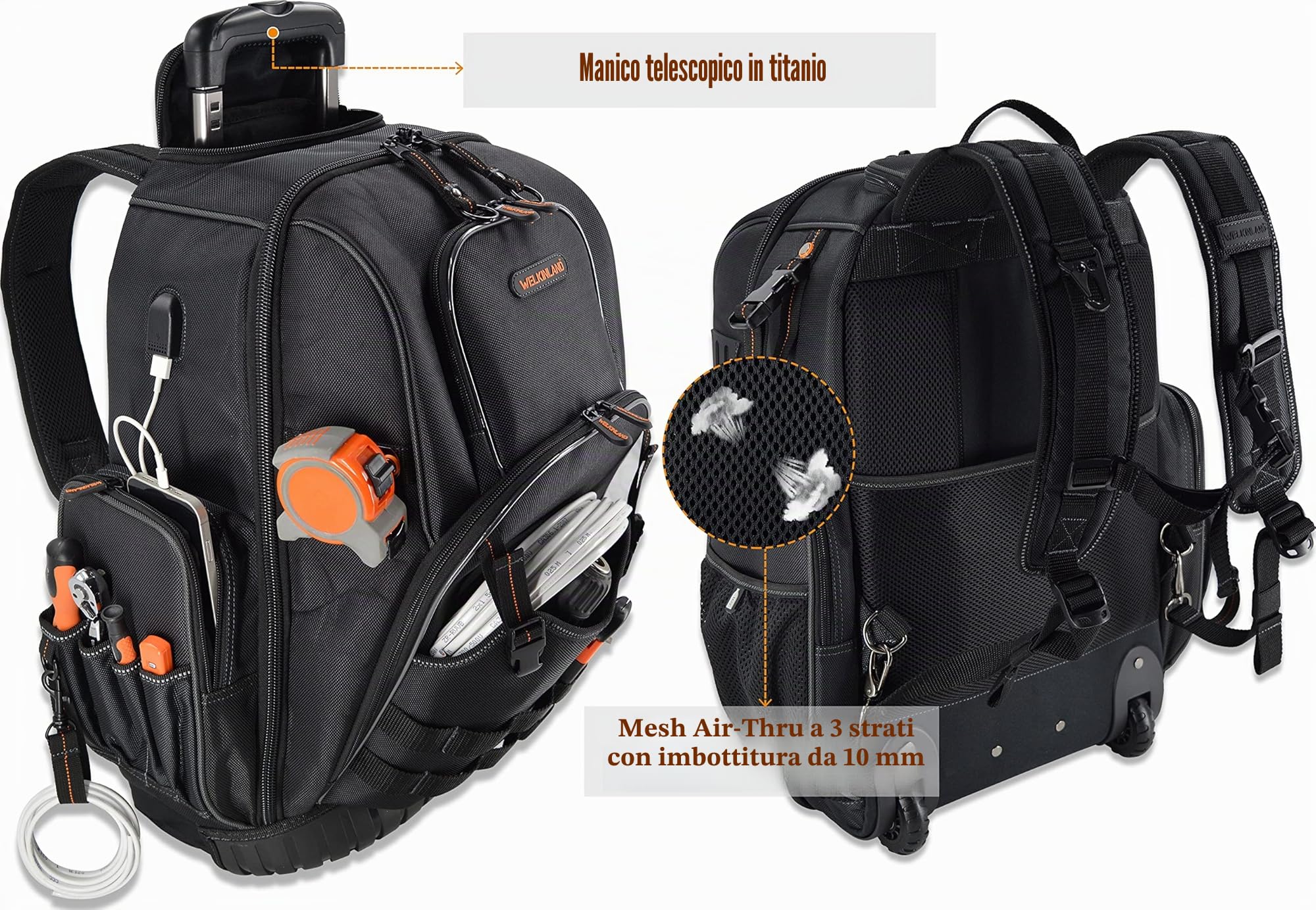 WELKINLAND Zaino porta attrezzi con 72 tasche e rotelle, Grande borsa porta attrezzi con ruote, Borsa porta attrezzi per elettricisti con rotelle per uomini