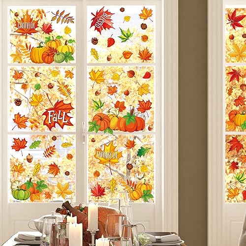 Miniatura 3 de Whaline 9 hojas de hojas de arce de otoño para ventana, calcomanías de calabaza de doble cara para otoño, cosecha de Acción de Gracias, hogar,