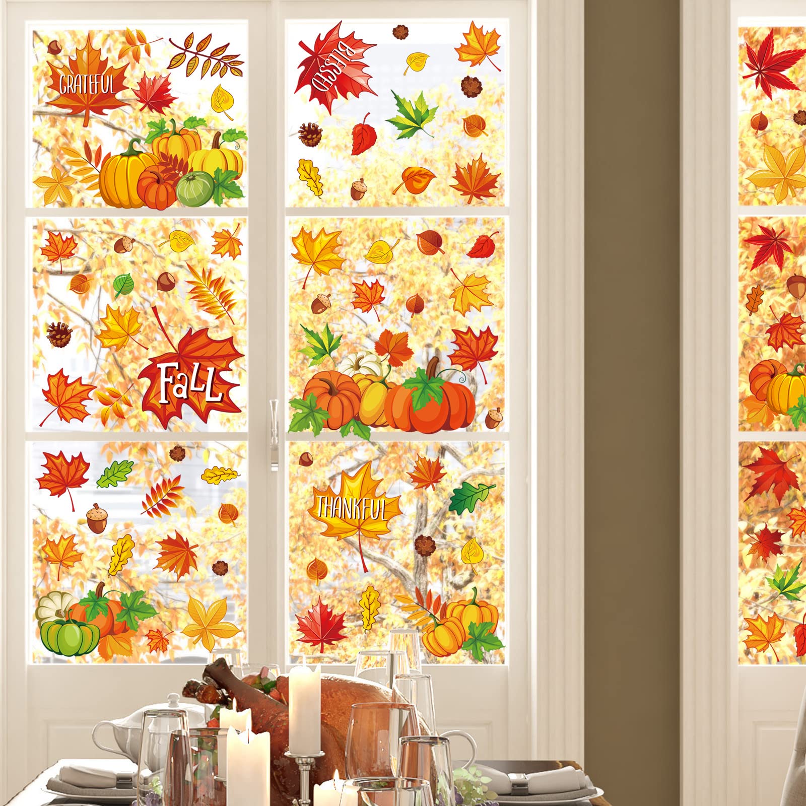 MORAINJAY 9 Sheets Autumn Maple Leaf Window Stickers, Double