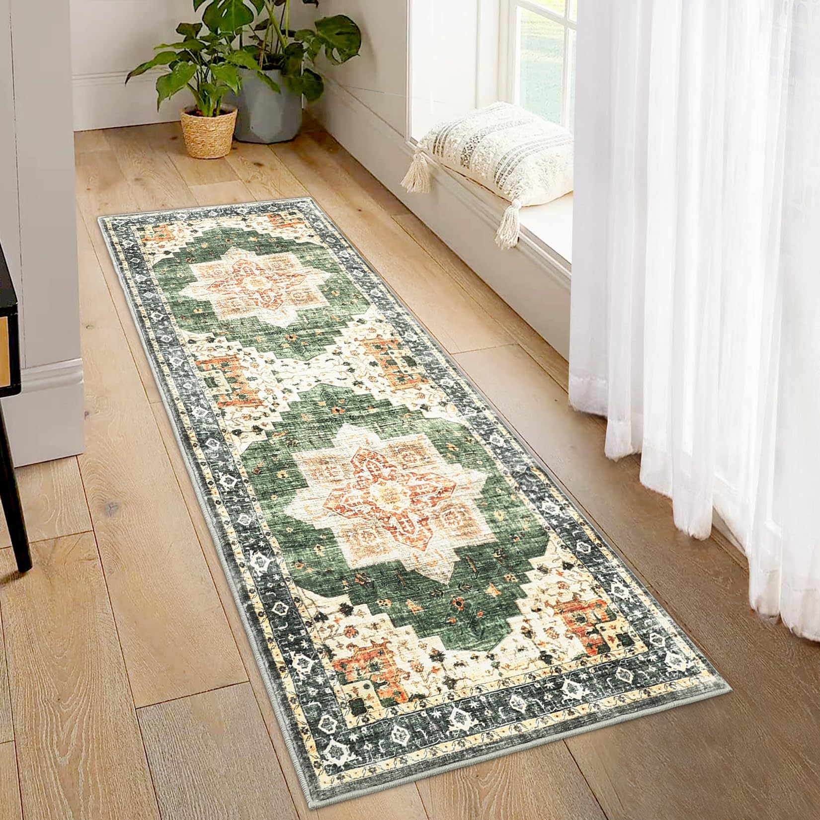 ROYHOME 2x6 Vintage Runner Rug for Entryway Hallway Machine Washable Indoor Floor Cover Print Carpet Distressed Low-Pile Non-Shedding Oriental Area Rug Foldable Accent Rug, Green