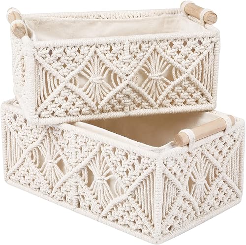 Miniatura 9 de ANMINY Juego de 5 cestas de almacenamiento de macramé, hechas a mano, con cuerda de algodón, para decoración bohemia con asas de madera, forro de