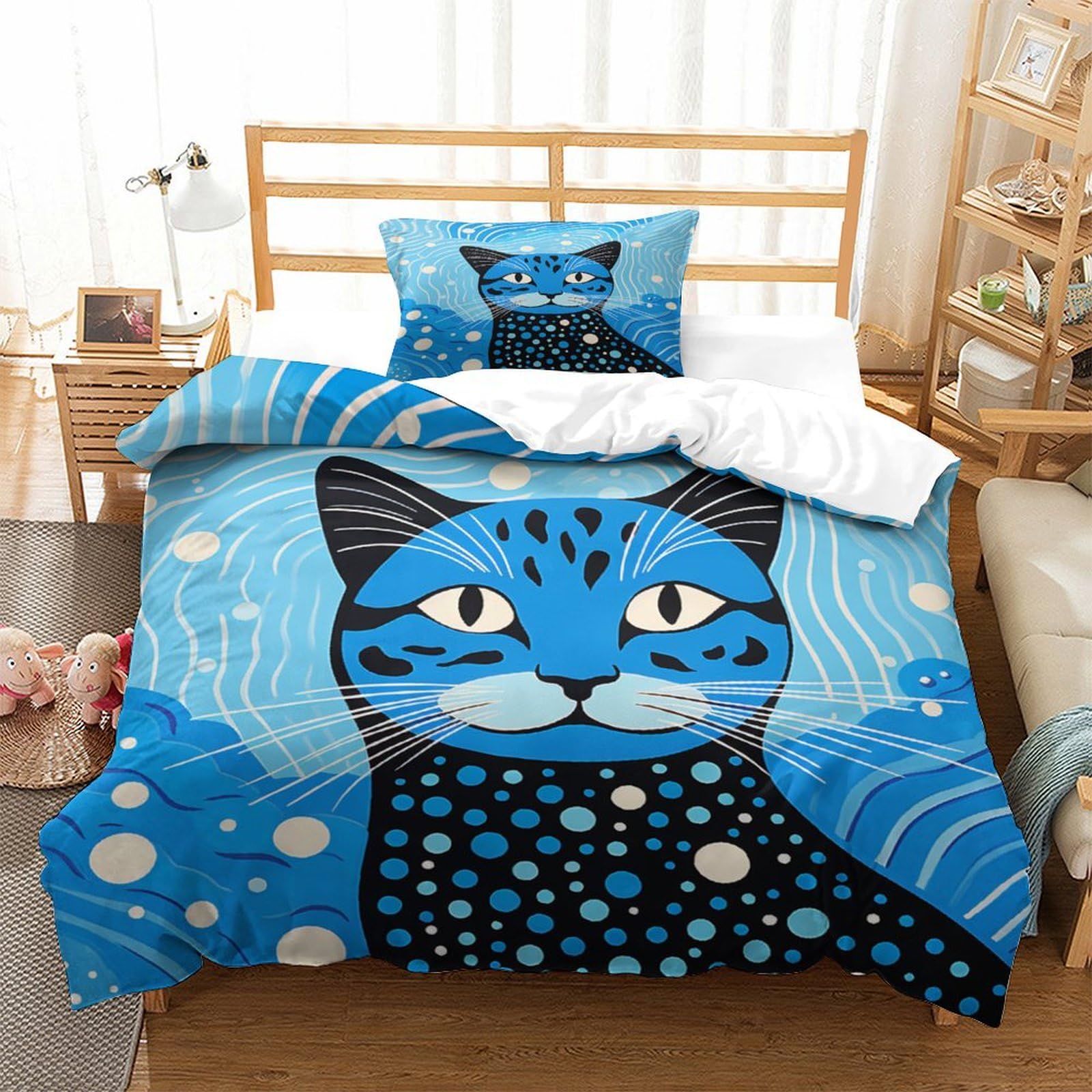 P1S9U7W5Y Playful Blue Cat 3D Printed Duvet Cover Set 3pcs Microfiber Cat Bedding Set Single