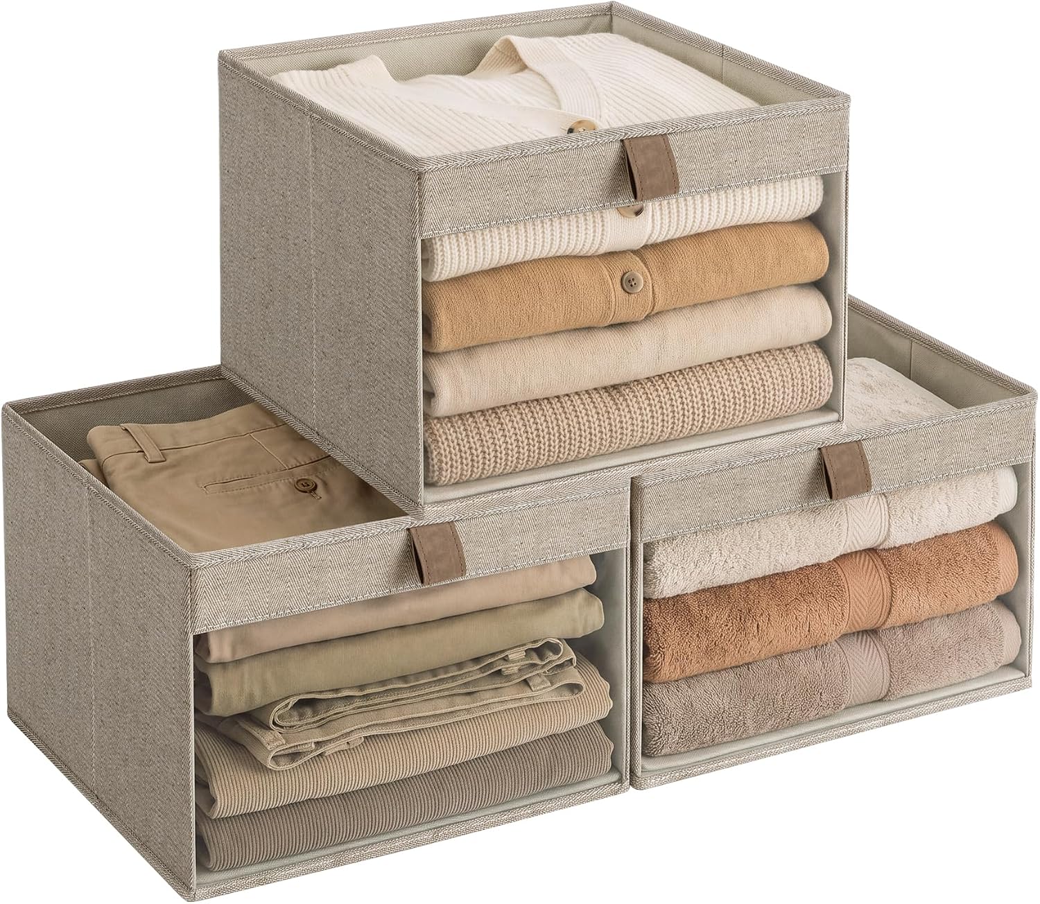 StorageWorks Fabric Storage Bins with Clear Window, Brown and Beige, 3-Pack