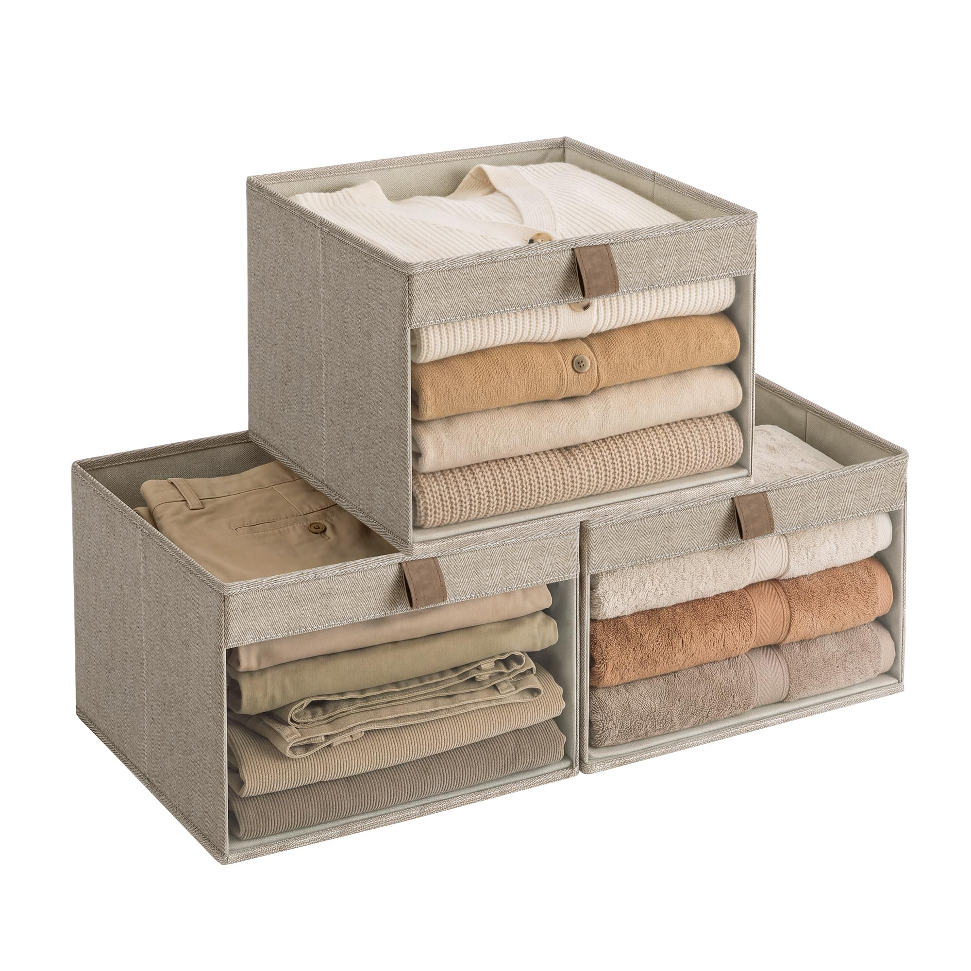 StorageWorks Scatola portaoggetti in tessuto per armadi, grandi cesti portaoggetti con finestra e manici, organizer in tessuto per vestiti, cubo pieghevole per scaffali, marrone e beige, confezione da
