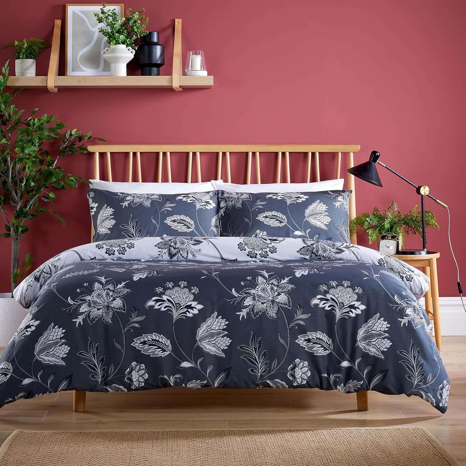 Axcent Comfort Shimla Floral Grey Duvet Cover Sets Single Botanical Grey Duvet Cover with 2 Pillow Cases Reversible Floral Bedding Quilt Set