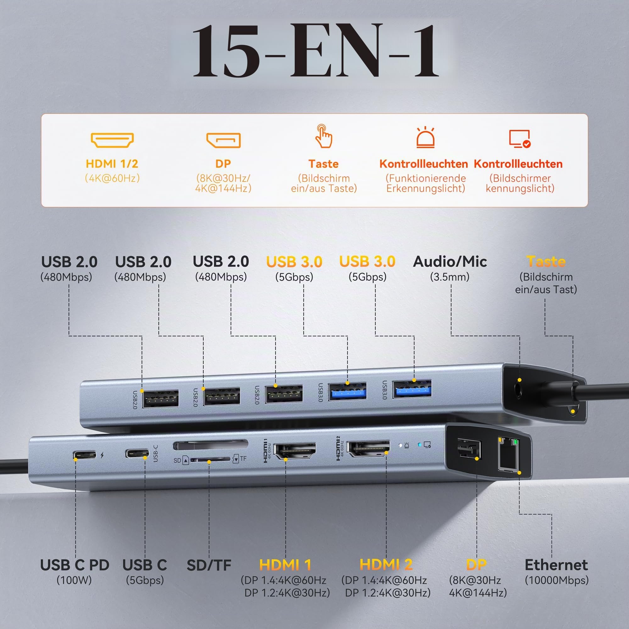 Station d'accueil pour ordinateur portable 2 moniteurs, station d'accueil 15 en 1 triple écran, adaptateur USB C Hub avec deux HDMI, 8K DisplayPort, Ethernet, PD, 5USB, USB C, SD TF, audio et bouton
